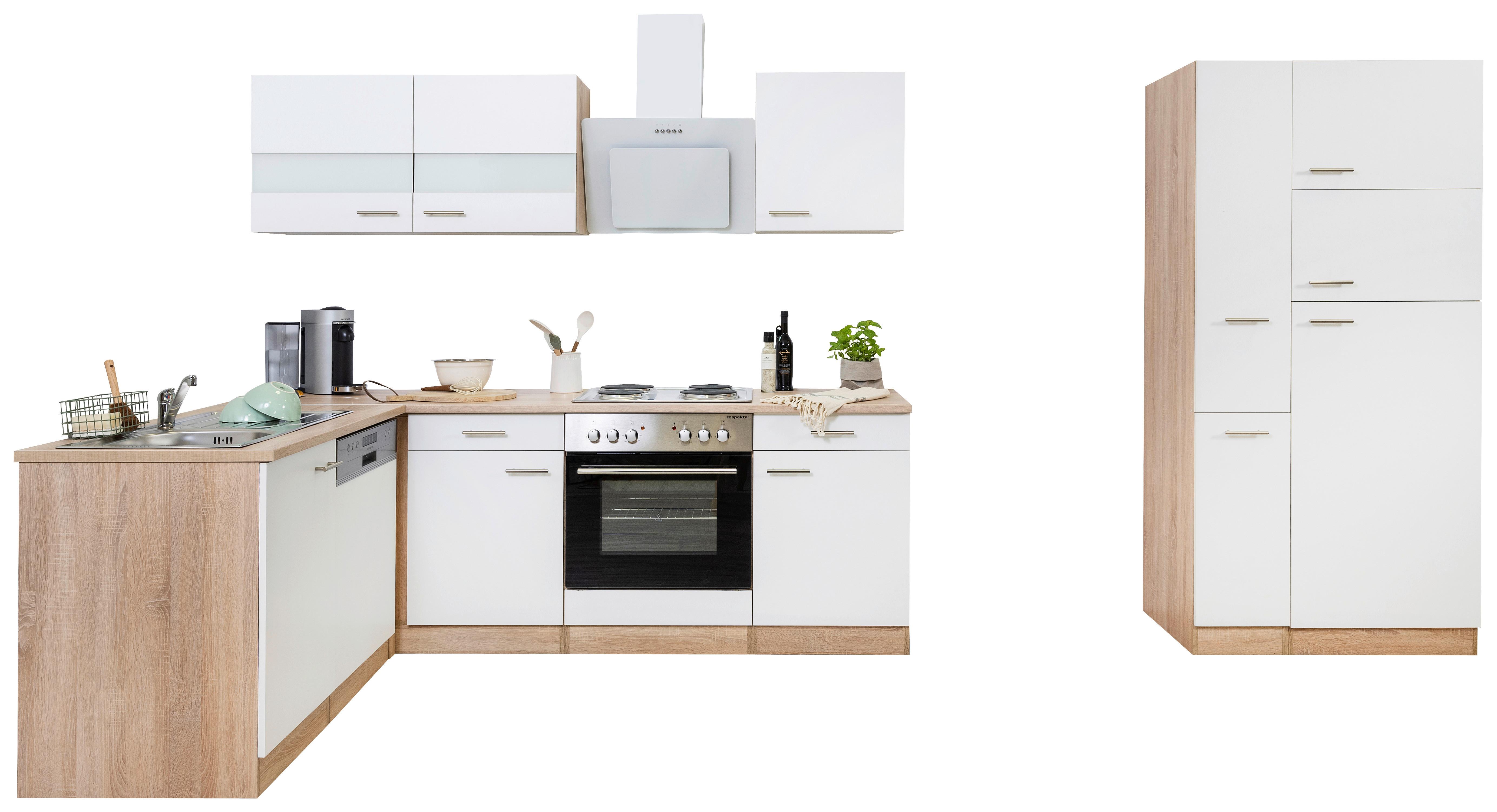 Eckküche Economy Weiß Eichefarben ca. 172x310 cm - Chromfarben/Eichefarben, Basics, Glas/Holzwerkstoff (172/310cm) - Respekta