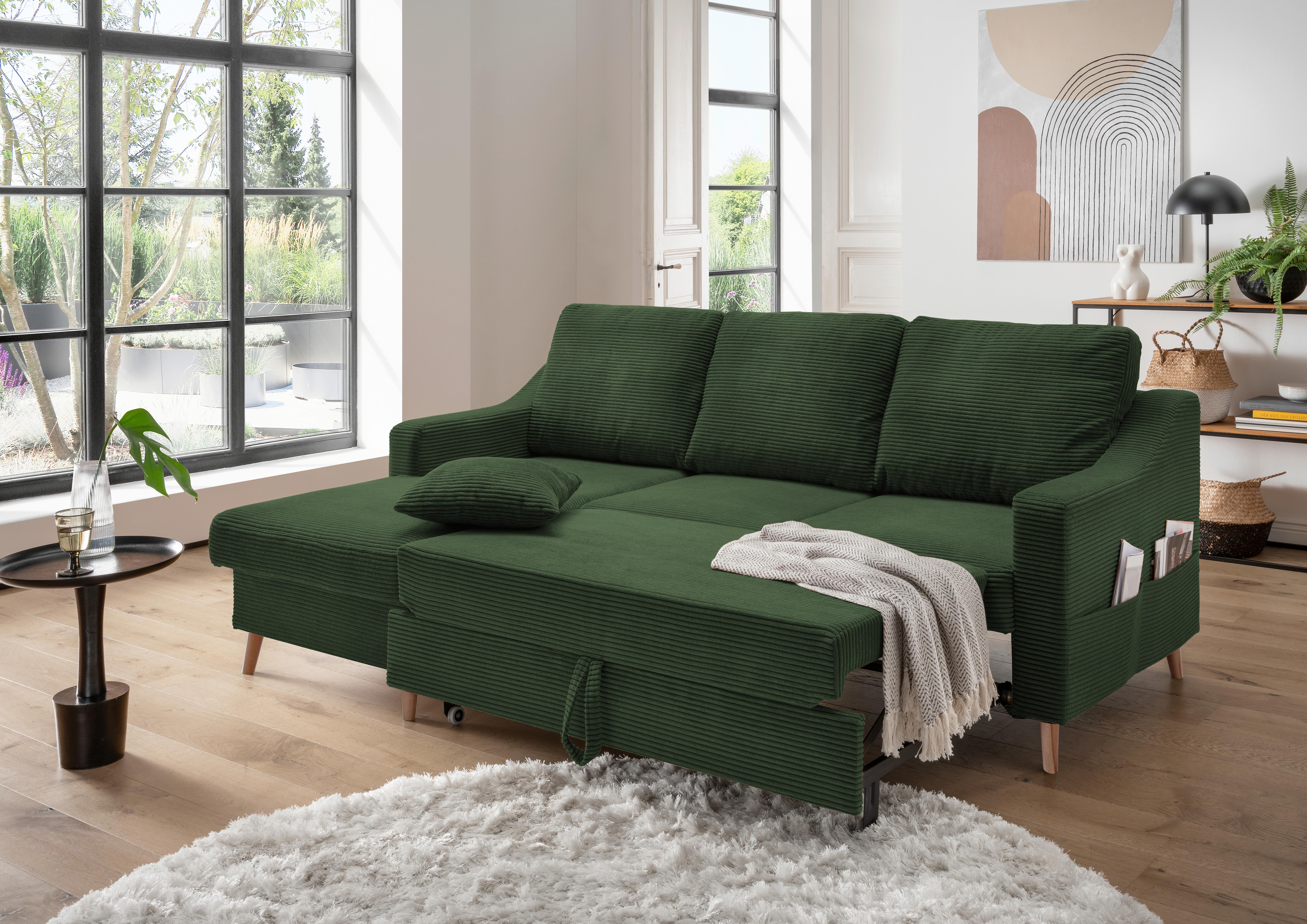 Ecksofa Valentina Dunkelgrün Cord - Dunkelgrün/Naturfarben, Design, Holz/Textil (150/228cm) - P & B