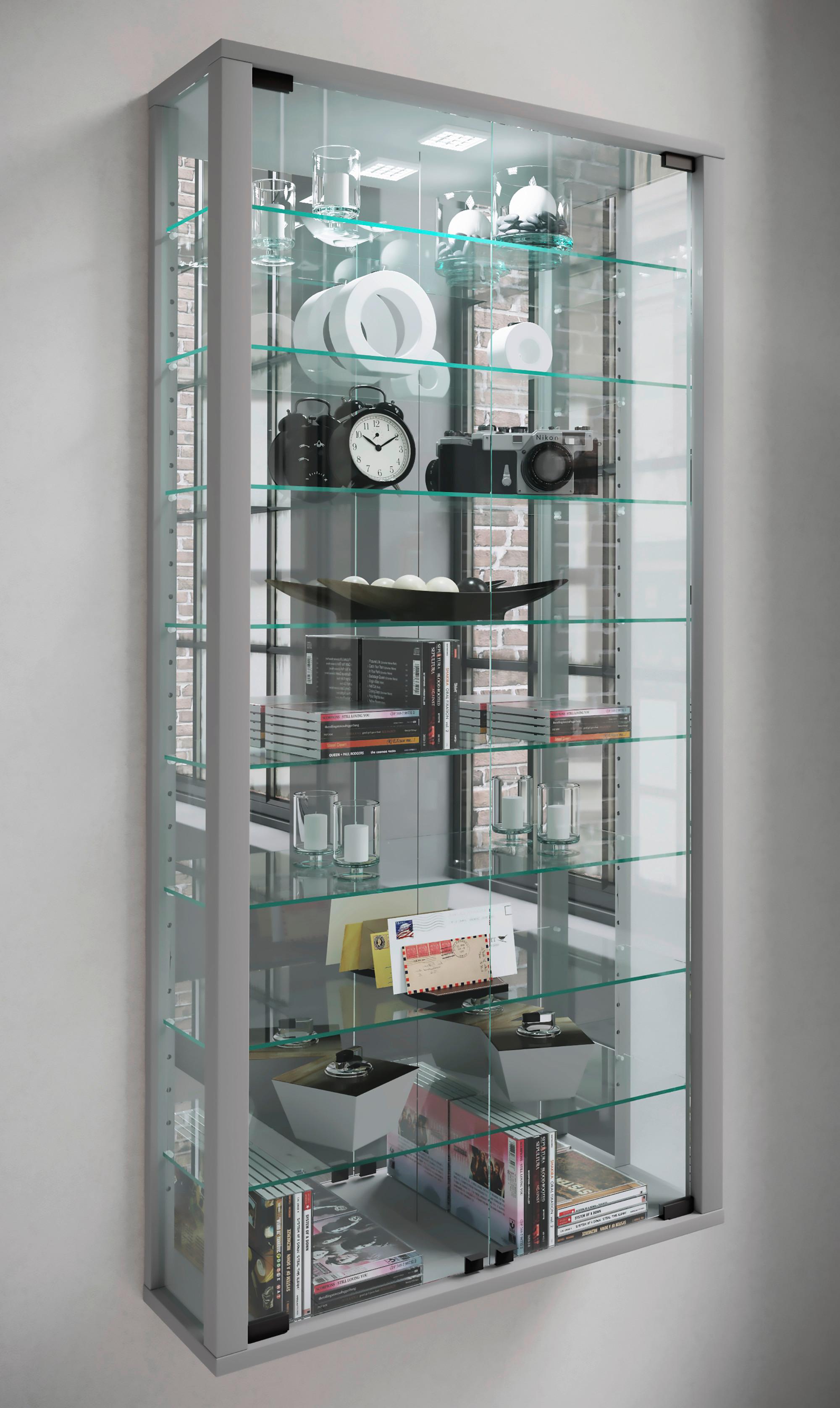 Hängevitrine Vitrosa ca. 59x114x18 cm Silberfarben - Silberfarben/Schwarz, MODERN, Glas/Holzwerkstoff (59/114,3/18cm) - MID.YOU
