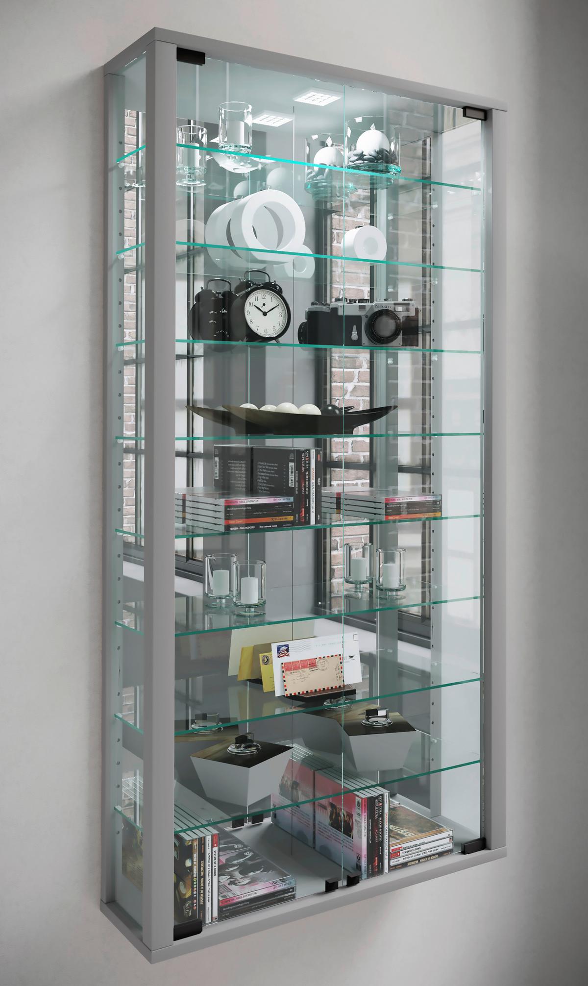 Hängevitrine Vitrosa ca. 59x114x18 cm Silberfarben - Silberfarben/Schwarz, MODERN, Glas/Holzwerkstoff (59/114,3/18cm) - MID.YOU