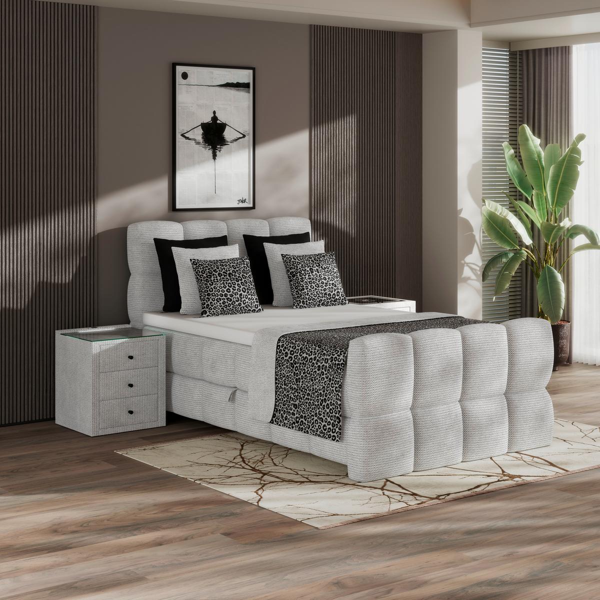 Postelja Boxspring Brisbane, Sivobela, 140x200 - črna/sivobela, Trend, kovina/umetna masa (140/200cm) - Premium Living