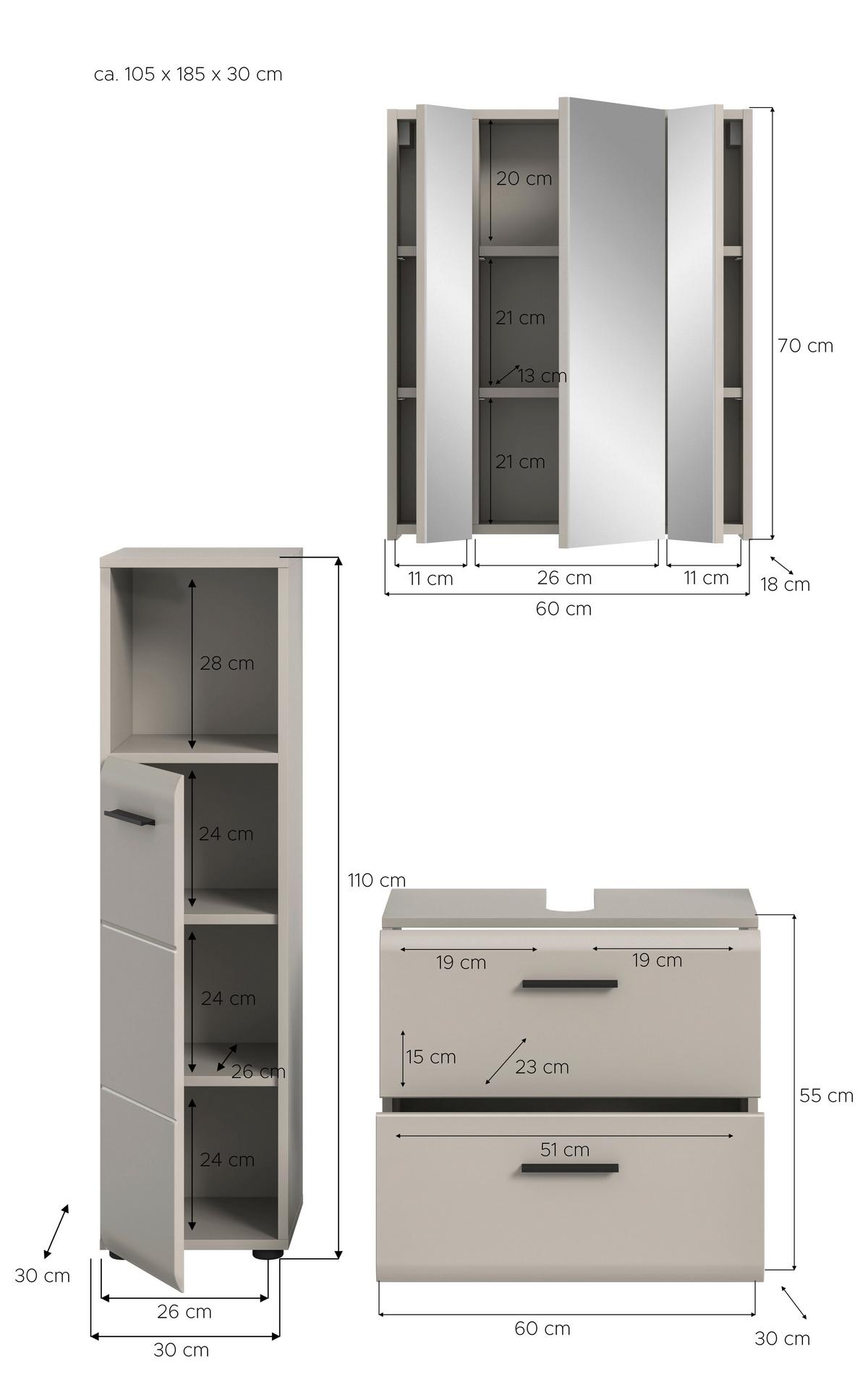 Badezimmer Ice Kaschmir 3-teilig - Kaschmir/Schwarz, Trend, Glas/Holzwerkstoff (90cm) - MID.YOU