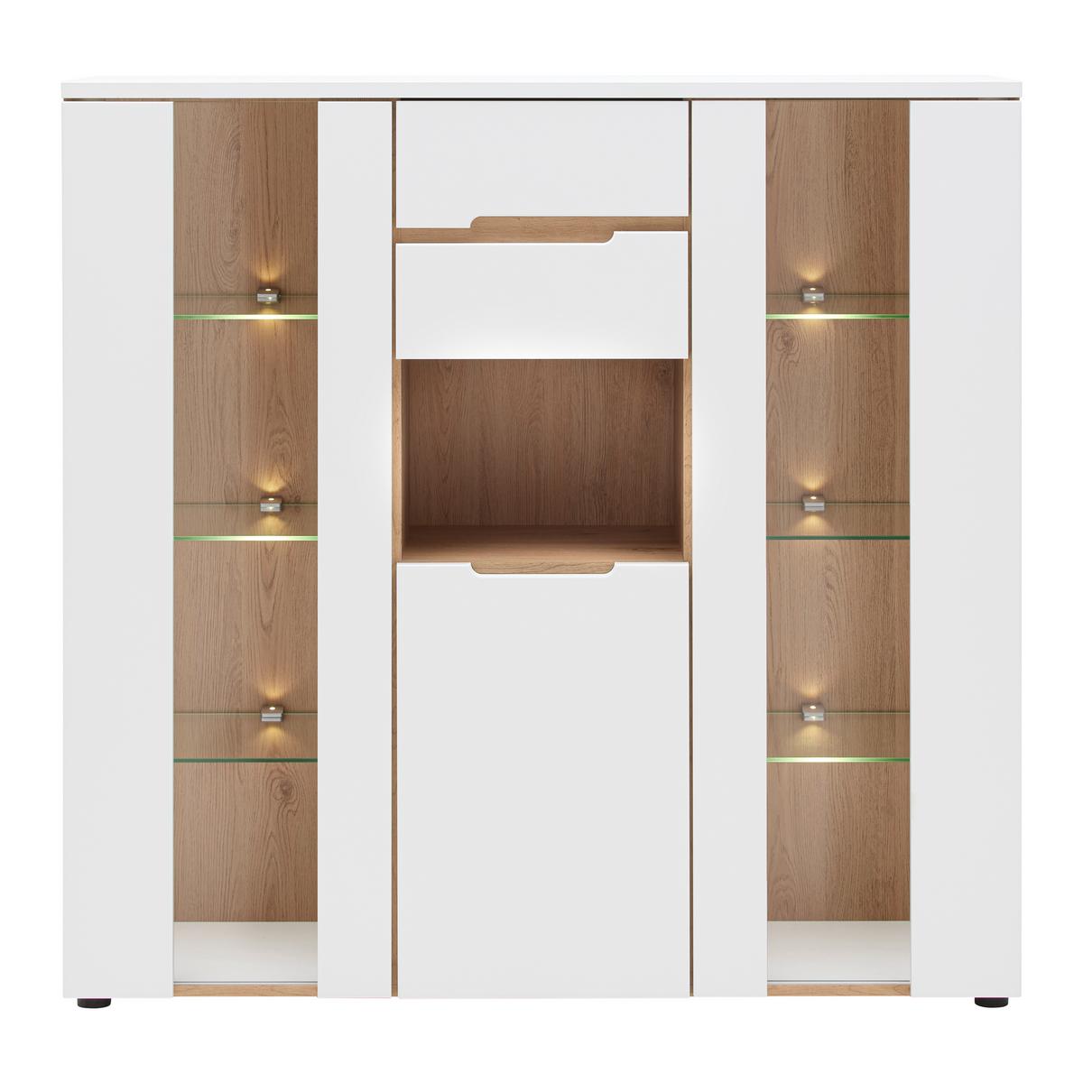 Highboard Dallas Weiss/Eiche Artisan - Weiss/Schwarz, Modern, Holzwerkstoff (130/127/38cm) - Premium Living