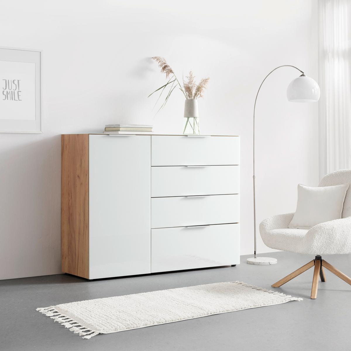Sideboard Oakland in Weiß/Eichefarben - Chromfarben/Eichefarben, MODERN, Glas/Holzwerkstoff (134/102/42cm) - Premium Living