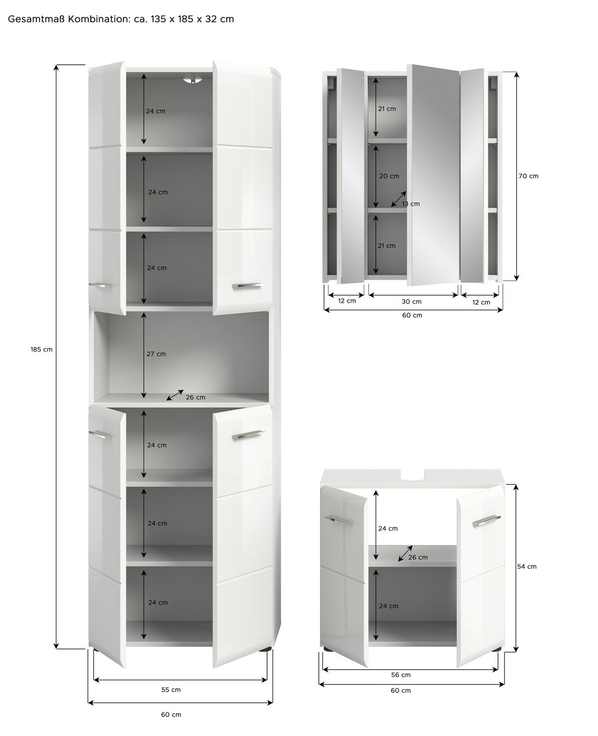 Badezimmer-Set ICE 3-teilig, Weiß Hochglanz - Weiß Hochglanz/Silberfarben, MODERN, Glas/Holzwerkstoff (120cm) - MID.YOU