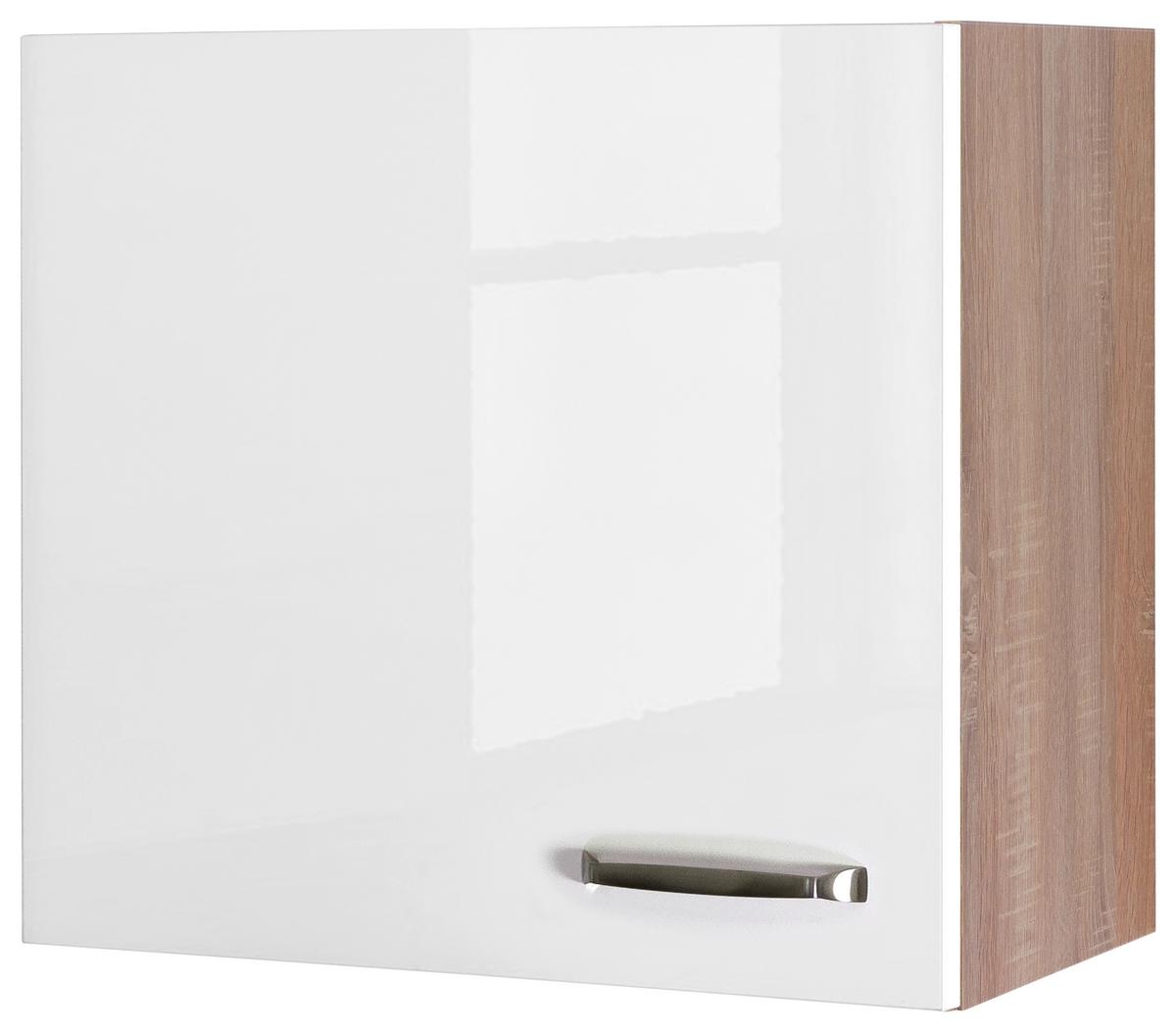 Küchenoberschrank Weiß Hochglanz/Eiche - Edelstahlfarben/Weiß Hochglanz, MODERN, Holzwerkstoff/Metall (60/54,8/32cm) - FlexWell