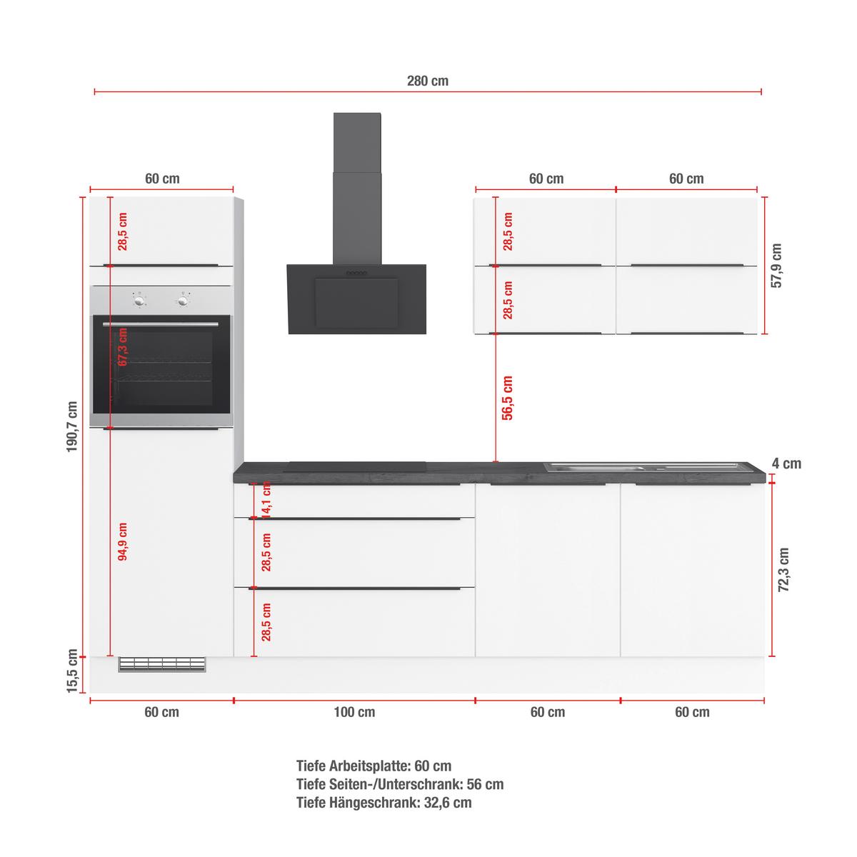 Küchenblock inkl. 5 E-Geräte IP3150 Weiß - Eichefarben/Schwarz, Trend, Holzwerkstoff/Metall (280cm) - Impuls