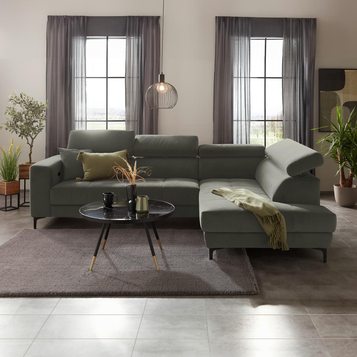 Ecksofa Emma rechts Graugrün - Schwarz/Graugrün, MODERN, Textil (301/210cm) - Premium Living