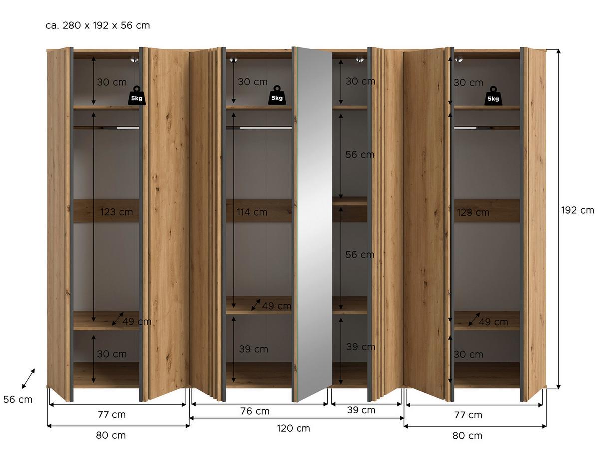 Drehtürenschrank TOFTA Eiche Artisan, Anthrazit - Anthrazit/Eiche Artisan, ROMANTIK / LANDHAUS, Holzwerkstoff (280/192/56cm) - Livetastic