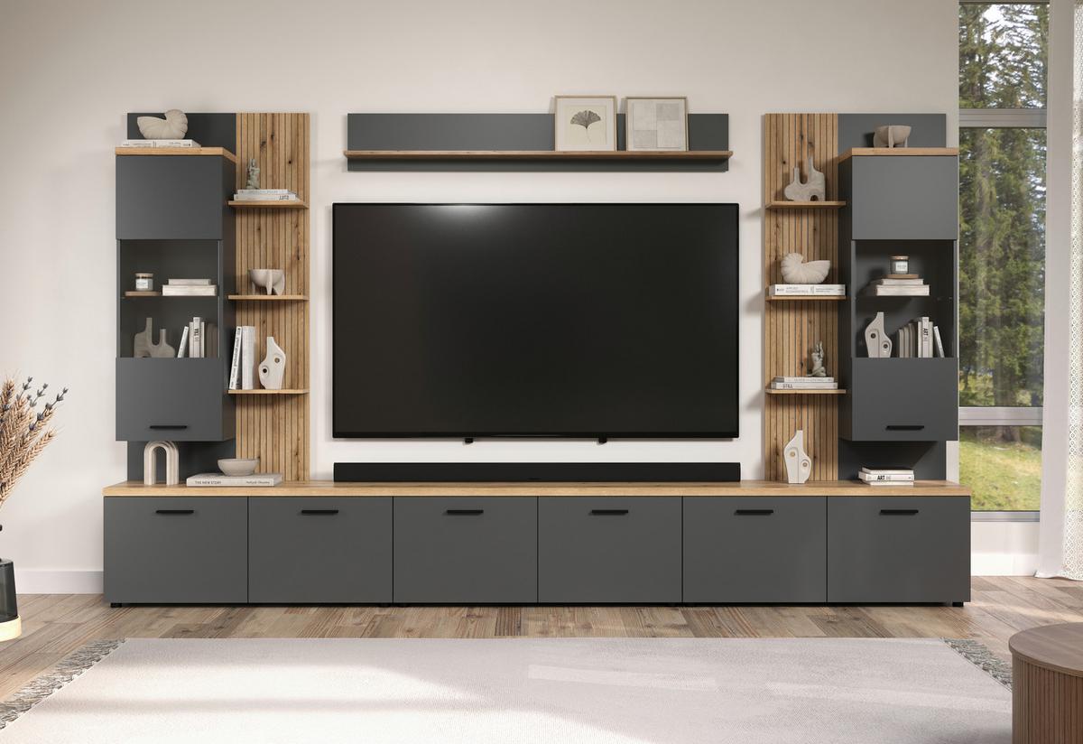 WOHNWAND BAGGIO - Eichefarben/Anthrazit, Design, Glas/Holzwerkstoff (360/212/40cm) - MID.YOU