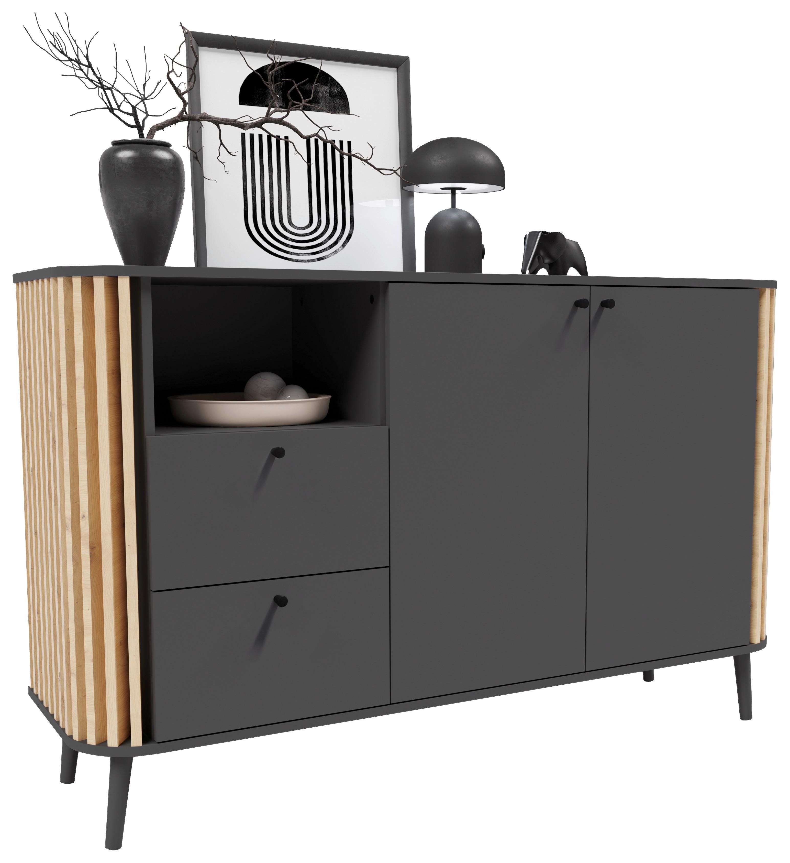 Sideboard in Grau/Naturfarben - Grau, Design, Holzwerkstoff/Kunststoff (138/88/40cm) - Premium Living