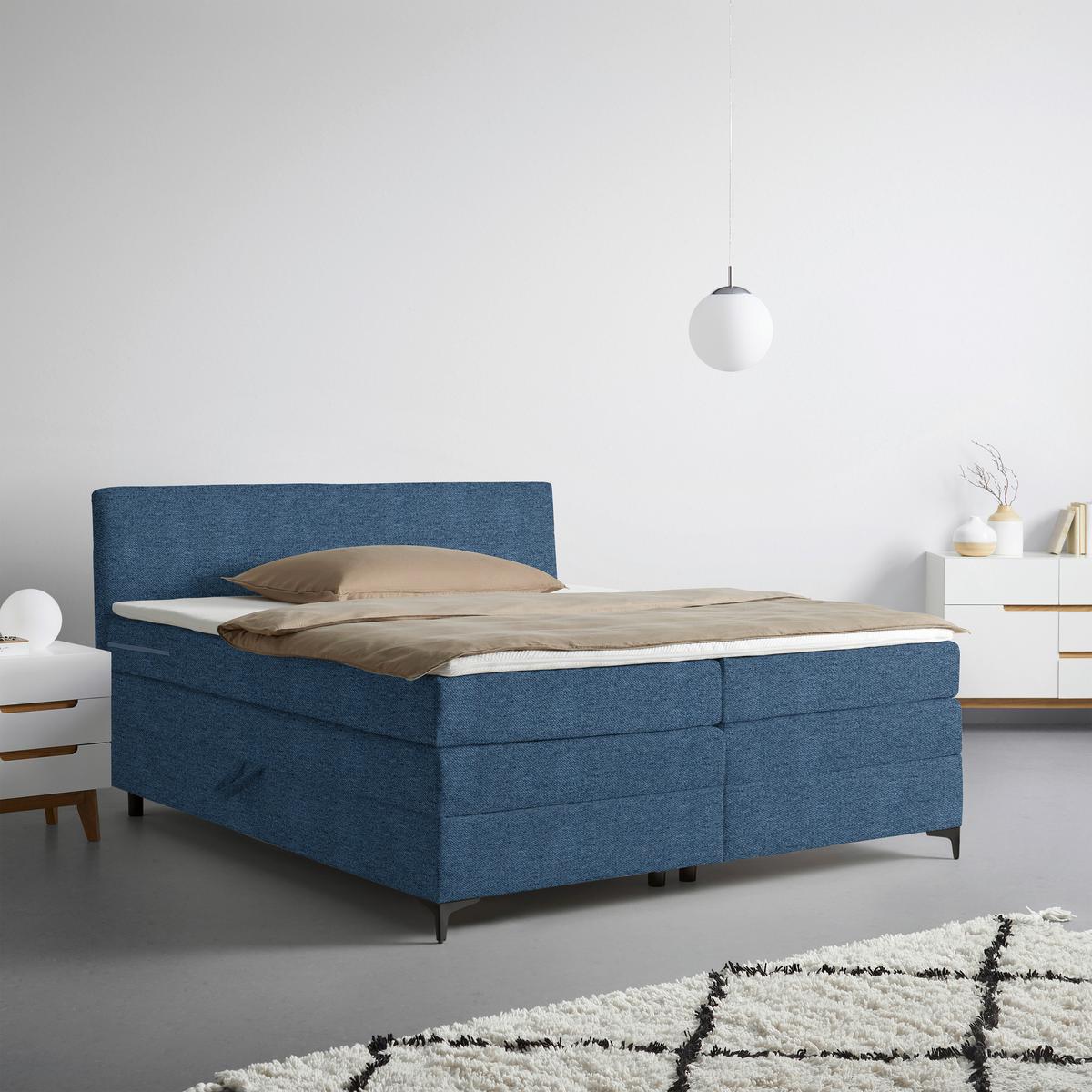 Boxspringbett Bari Blau ca. 200x200cm - Blau/Schwarz, KONVENTIONELL, Textil/Metall (200/200cm) - Based
