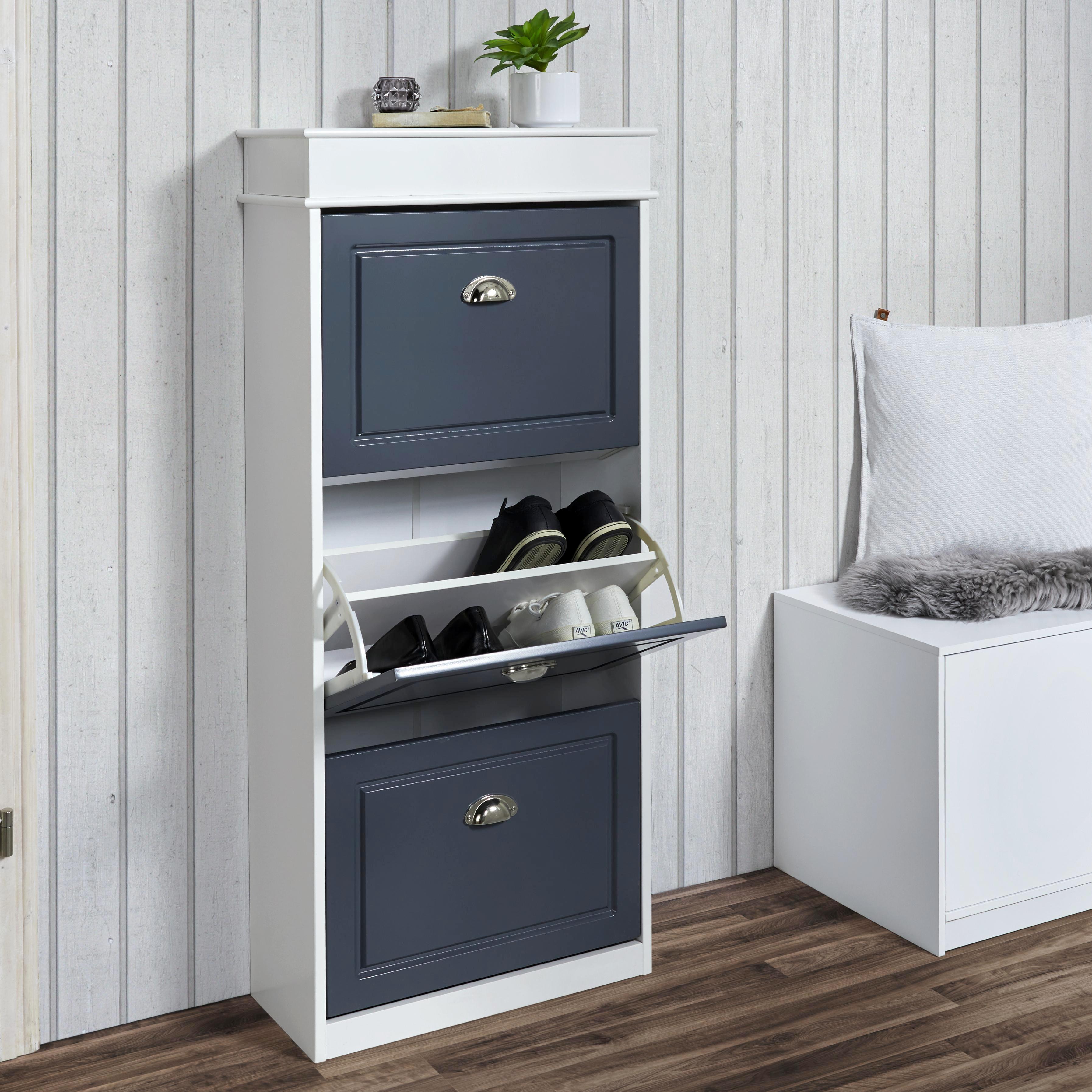 Schuhkipper in Grau/Weiß 'Clark' - Dunkelgrau/Weiß, MODERN, Holz/Metall (53,5/120/24cm) - Bessagi Home