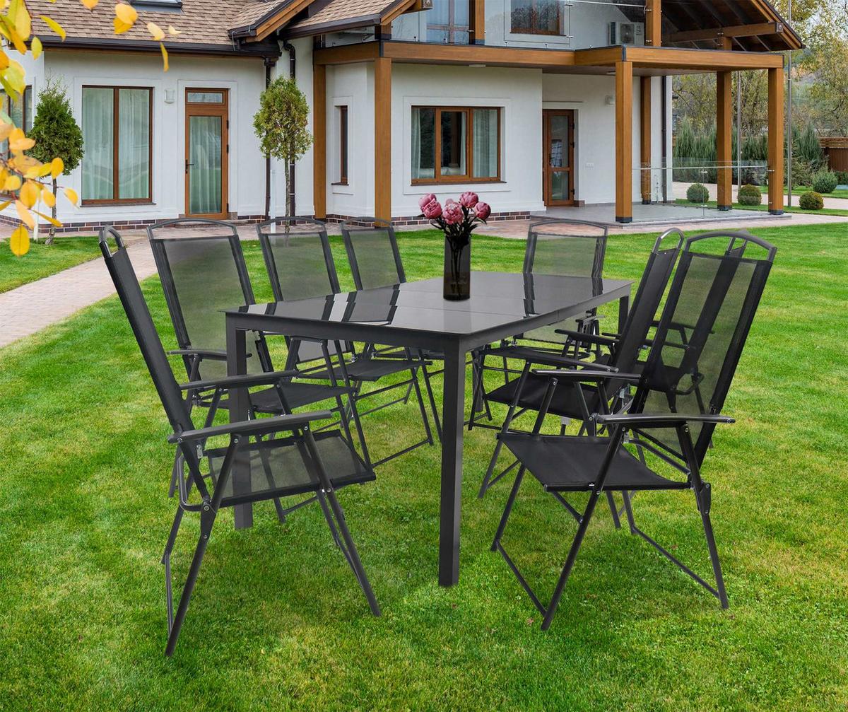 Gartentischgruppe Schwarz 9-teilig - Anthrazit/Schwarz, Basics, Glas/Textil - Gardenson
