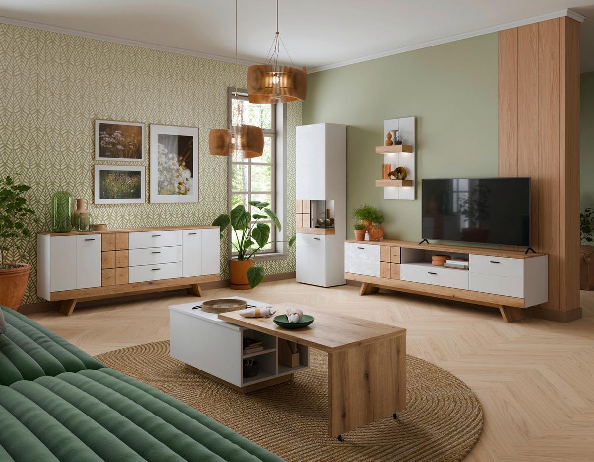 VITRINĂ ORETA - alb/culoare lemn stejar, Modern, sticlă/material pe bază de lemn (54,7/200/36,6cm) - Modern Living