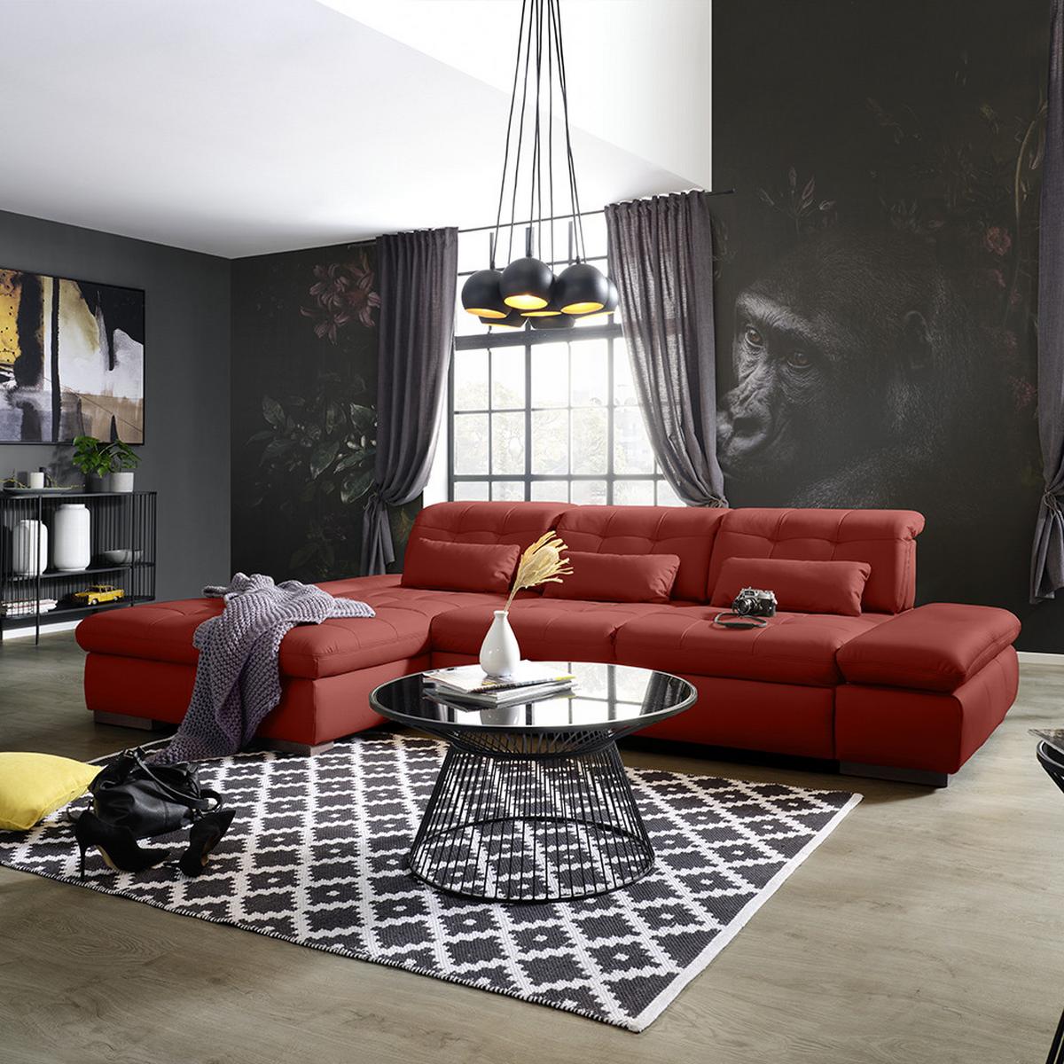Wohnlandschaft Sanfino Leder Rot - Chromfarben/Rot, KONVENTIONELL, Leder/Metall (199/79-96/305cm) - Premium Living