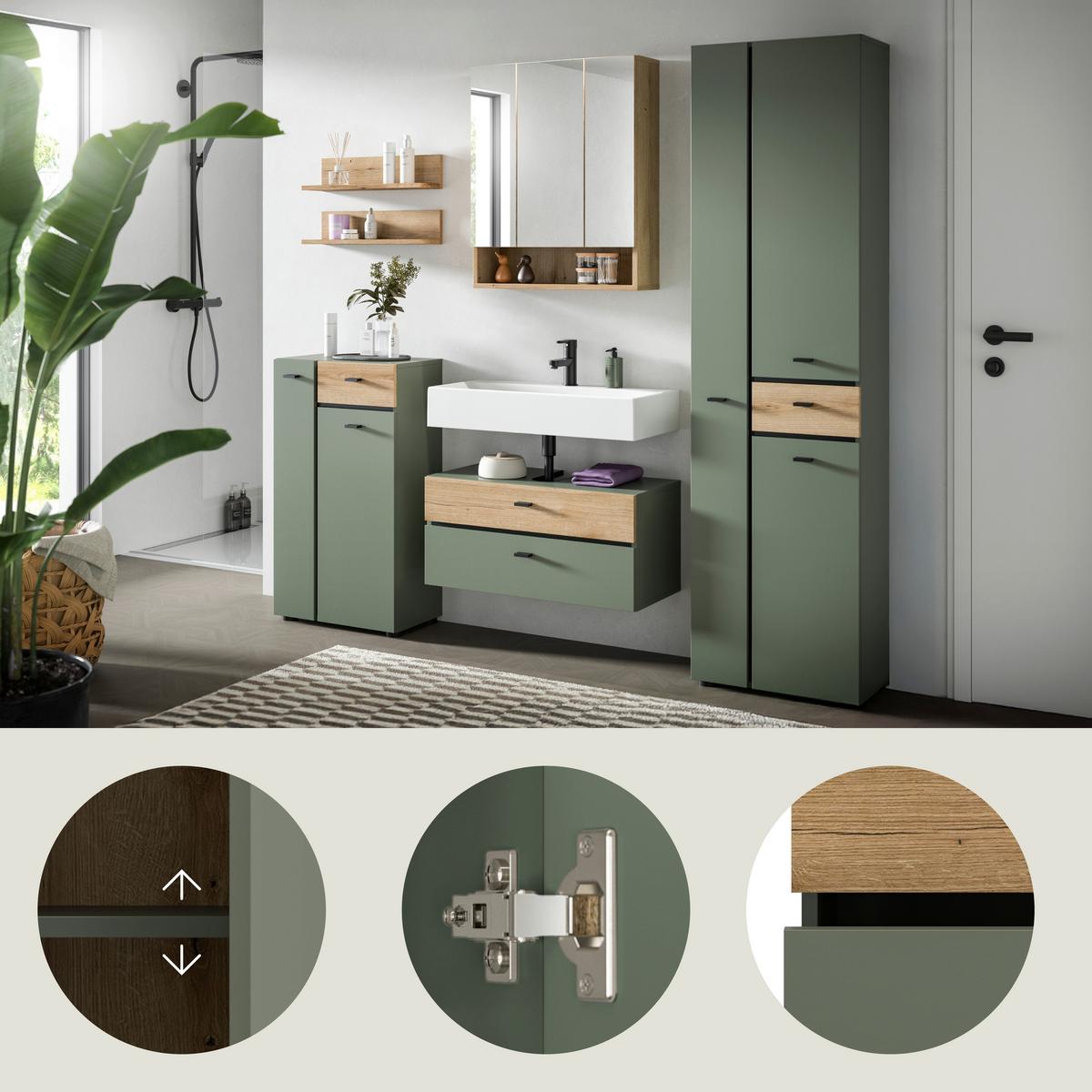Badezimmer Aqua Grün/Eichefarben 5-teilig - Eichefarben/Schwarz, Trend, Glas/Holzwerkstoff (177cm) - MID.YOU