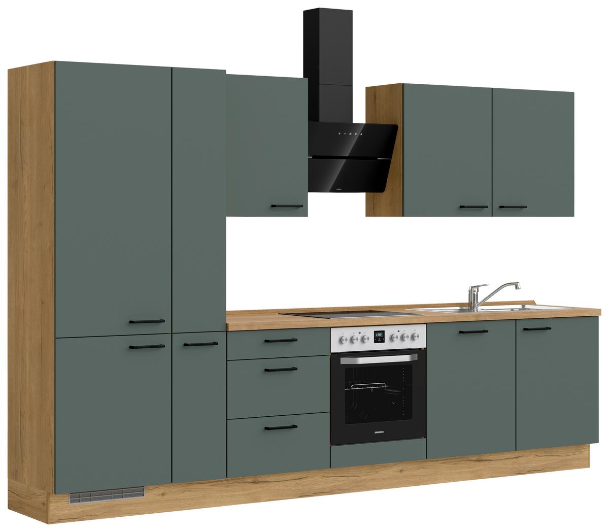 Küchenblock Easytouch High m. Geräten Dunkelgrün - Dunkelgrün/Eichefarben, MODERN, Holzwerkstoff/Metall (330cm) - Nobilia