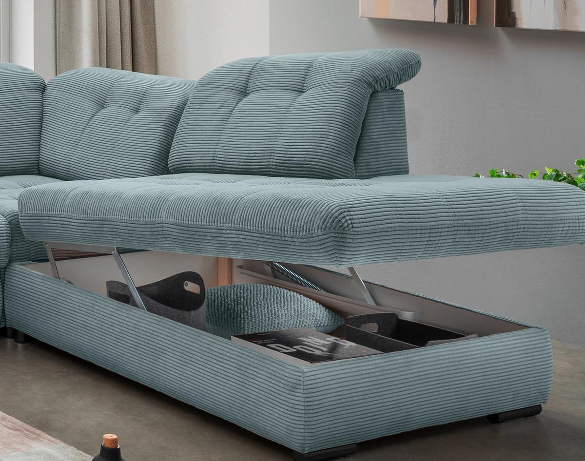 Wohnlandschaft Rigatti Hellblau Cord mit Bettkasten - Schwarz/Hellblau, MODERN, Textil/Metall (184/387/252cm) - Livetastic