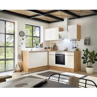 Eckküche Marleen m. Geräten Eiche/Weiß Hochgl ca.220x170cm - Weiß Hochglanz/Alufarben, LIFESTYLE, Holzwerkstoff/Kunststoff (220/170cm) - Respekta
