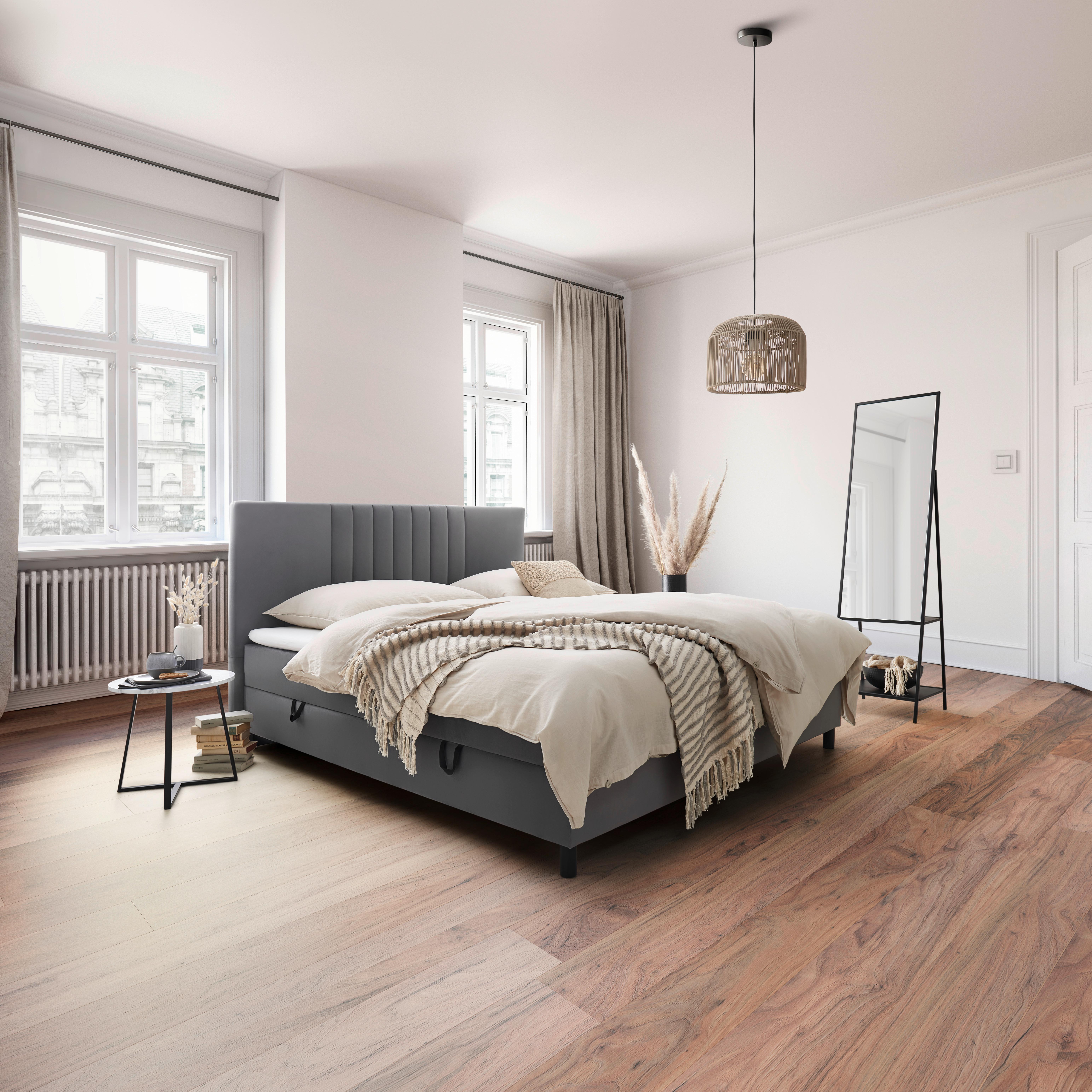 Boxbett Roma ca. 180x200 cm Grau mit Topper - Schwarz/Grau, MODERN, Holz/Textil (180/200cm) - Bessagi Home