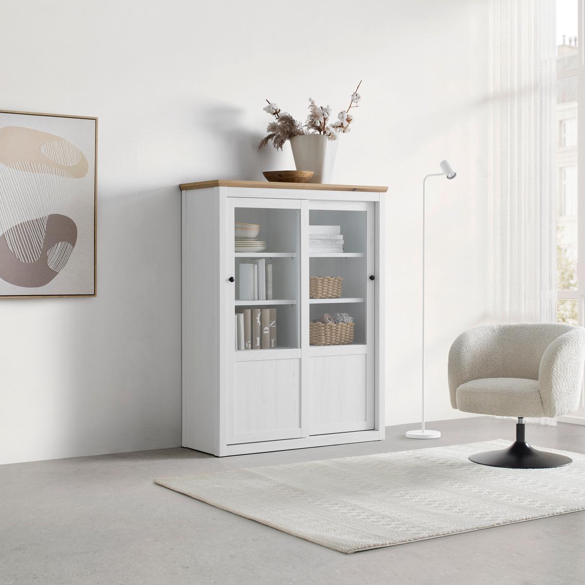 Highboard Korsika Eichefarben/Weiß - Eichefarben/Schwarz, ROMANTIK / LANDHAUS, Holzwerkstoff/Metall (105,5/140/43cm) - Mömax