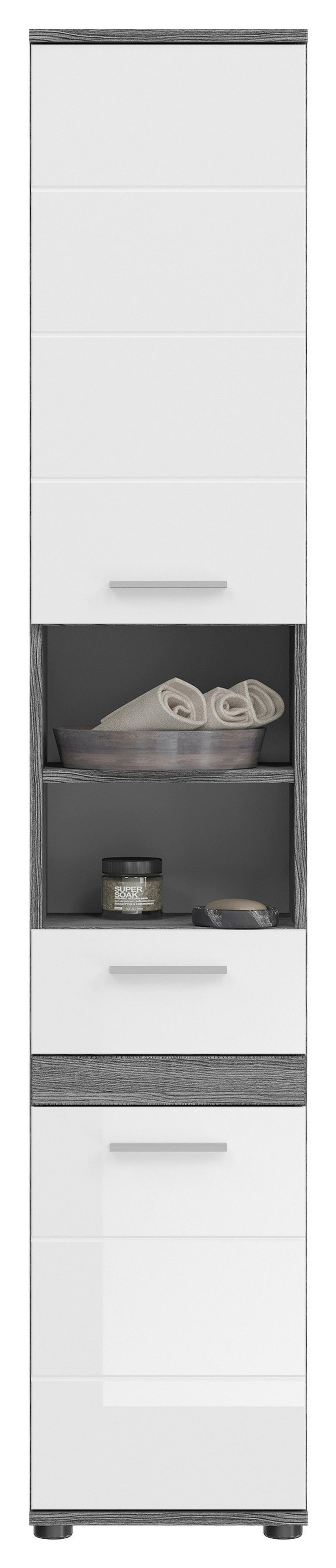 Badezimmer-Set BLAKE 5-teilig, Weiß Hochglanz - Weiß Hochglanz/Silberfarben, MODERN, Glas/Holzwerkstoff (150cm) - MID.YOU