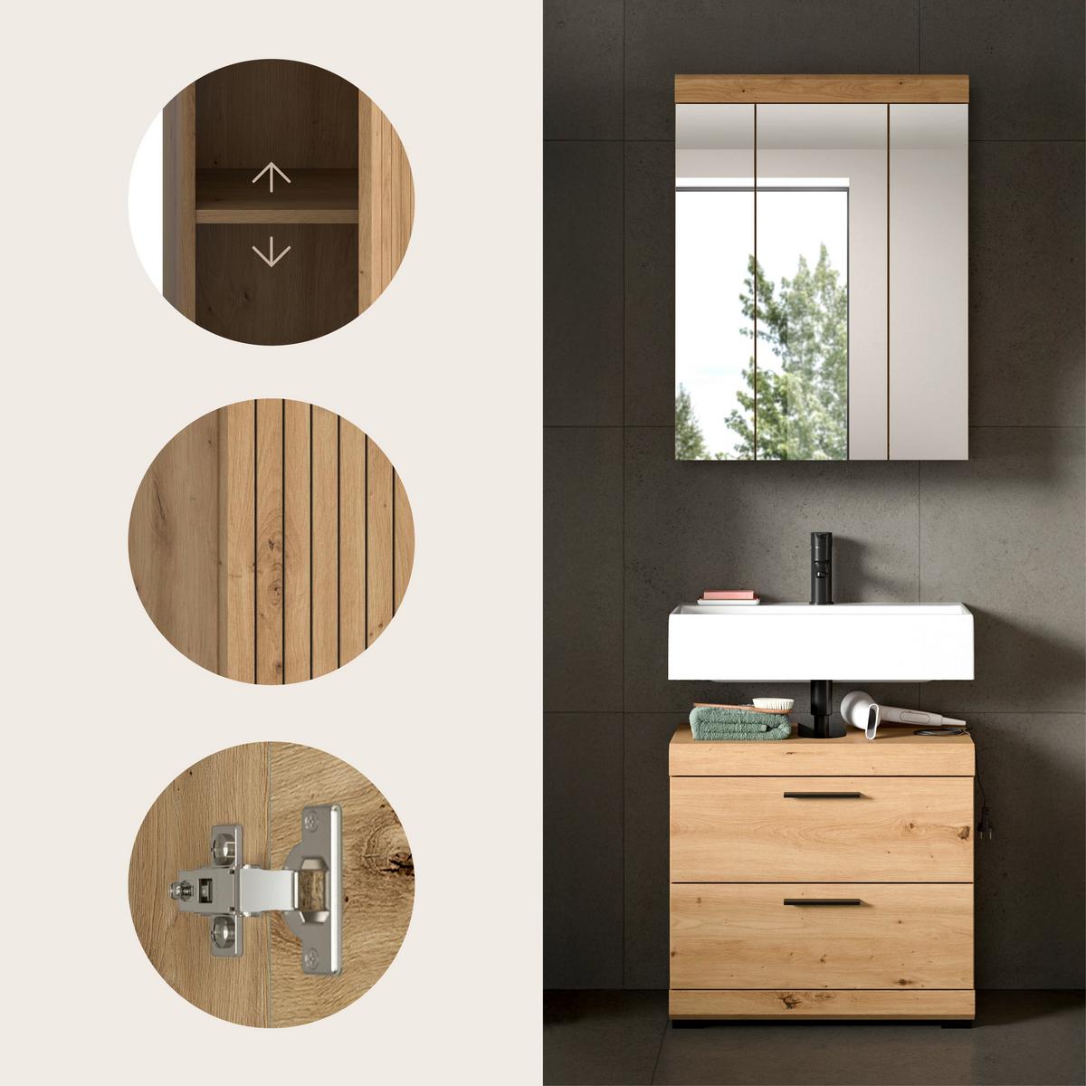 Badezimmer Scout Eiche Artisan 2-teilig - Schwarz/Eiche Artisan, Trend, Glas/Holzwerkstoff (60cm) - MID.YOU
