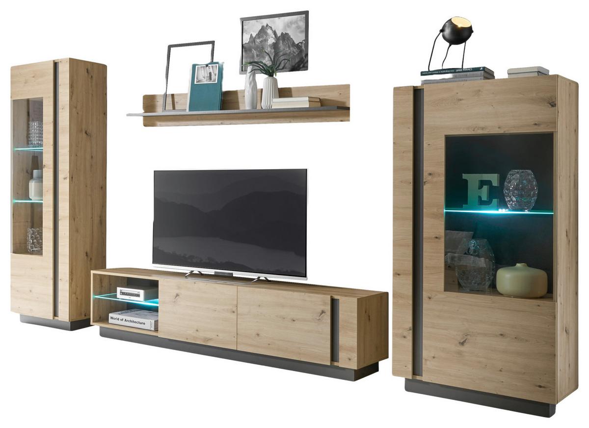 Wohnwand Clair Grau/Eiche Artisan - Eiche Artisan/Grau, Design, Glas/Holzwerkstoff (340/194/40cm) - MID.YOU