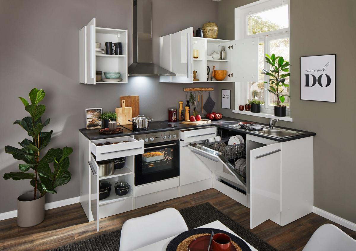 Eckküche Jazz mit Geräten ca.200x175cm Wiß Hochglanz - Weiß Hochglanz/Anthrazit, LIFESTYLE, Holzwerkstoff/Kunststoff (220/175cm) - P & B