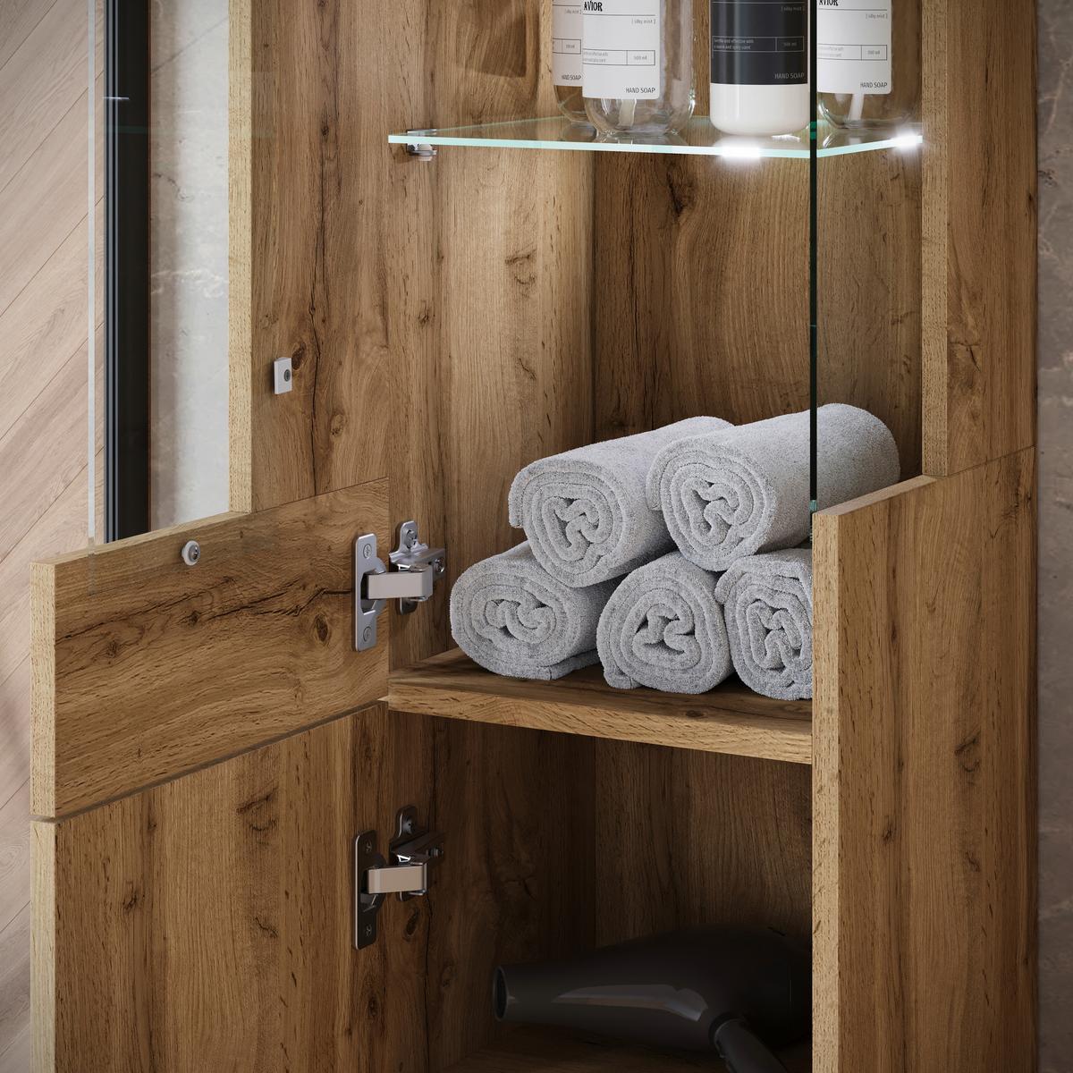 Badezimmer-Set Narobi 5-tlg. mit LED ca. 120 cm Eiche Wotan - Eiche Wotan/Weiß, Trend, Glas/Keramik (120,4cm) - P & B