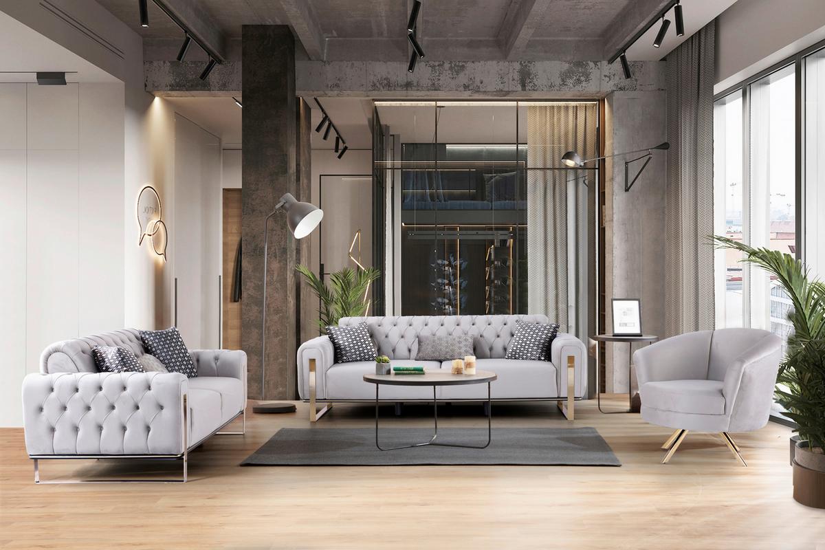 SOFA TRZYOSOBOWA PERLA - greige/kolor złoty, Design, tkanina (236/93/83cm) - Livetastic