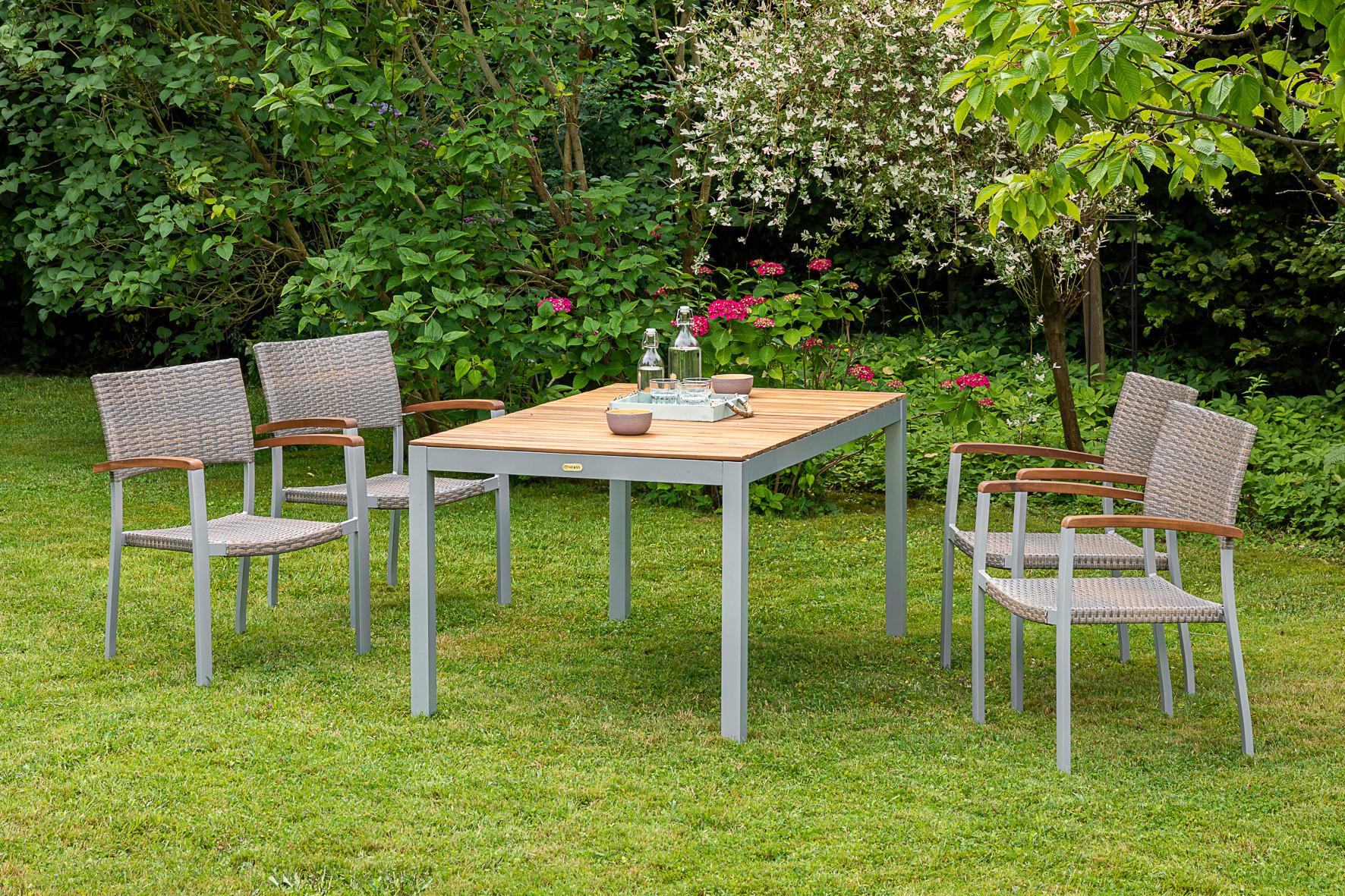 Gartensessel stapelbar 2er-Set Silano Holz/Metall/Kunststoff - Beige/Silberfarben, ROMANTIK / LANDHAUS, Holz/Kunststoff (60/85/55,5cm) - Gardenson