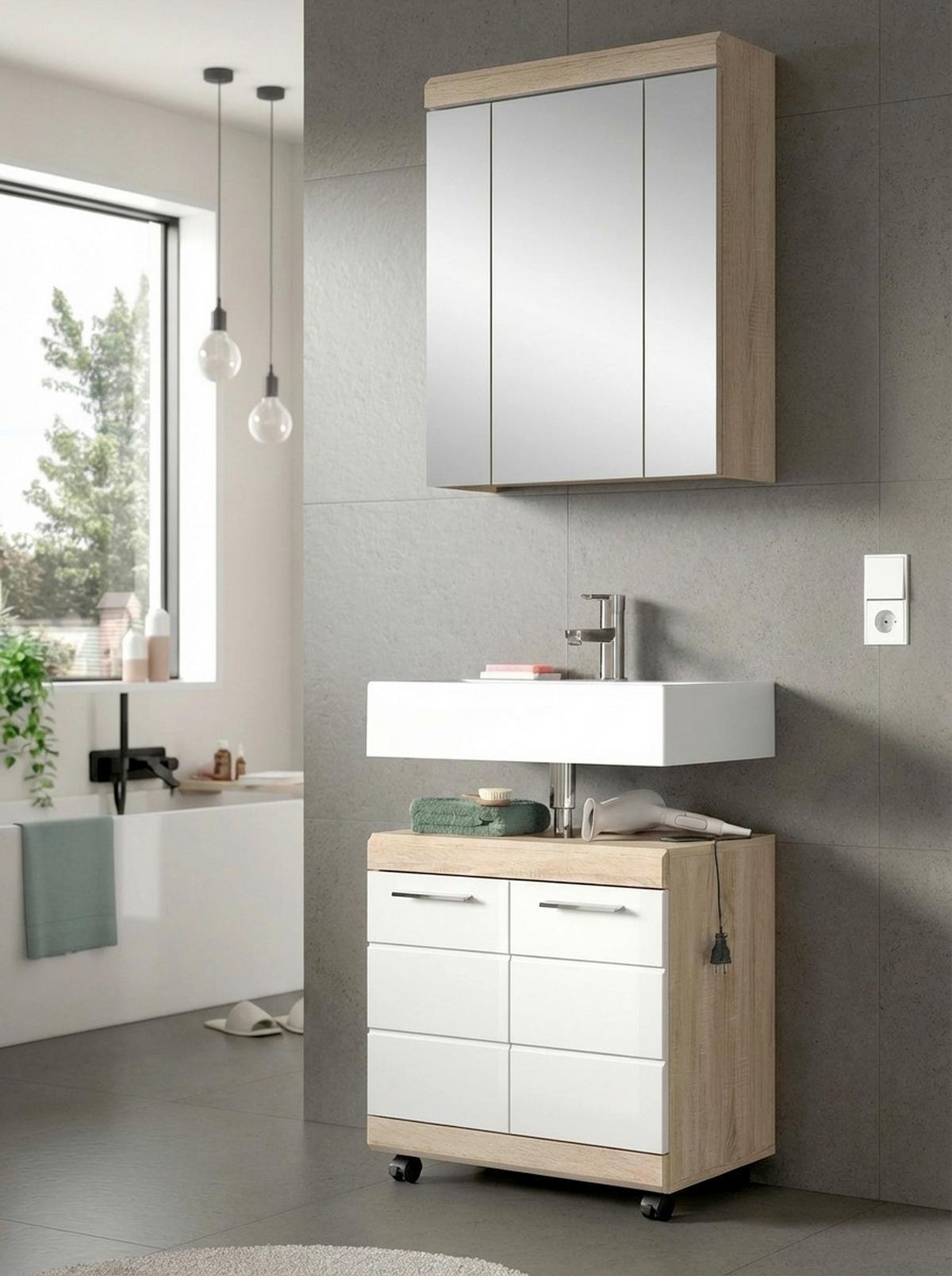 Waschbeckenunterschrank Lambada Weiß HG/Sonoma Eiche - Weiß Hochglanz/Silberfarben, Trend, Holzwerkstoff/Kunststoff (60/60/34cm) - MID.YOU
