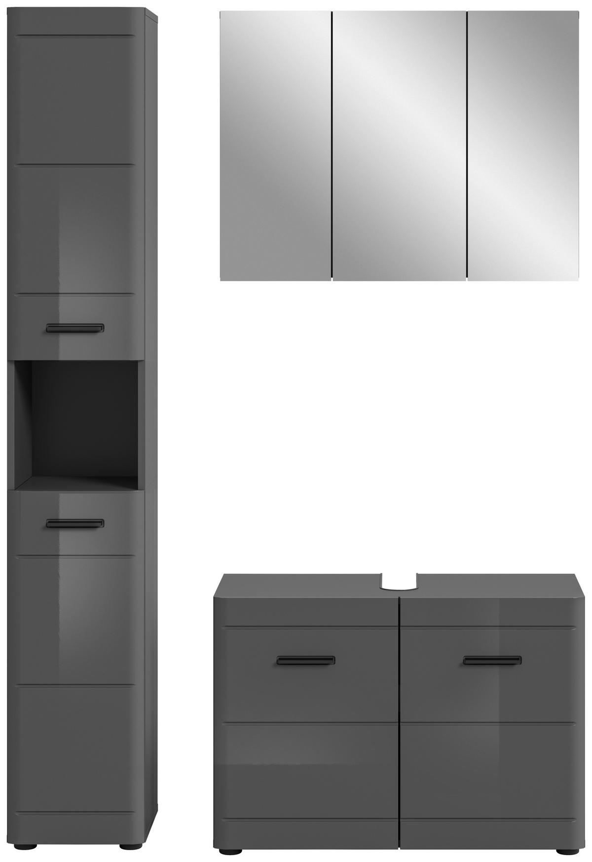 Badezimmer Soft 3-tlg. ca. 110 cm Grau hochglanz - Grau Hochglanz/Schwarz, MODERN, Holzwerkstoff/Kunststoff (110cm) - MID.YOU