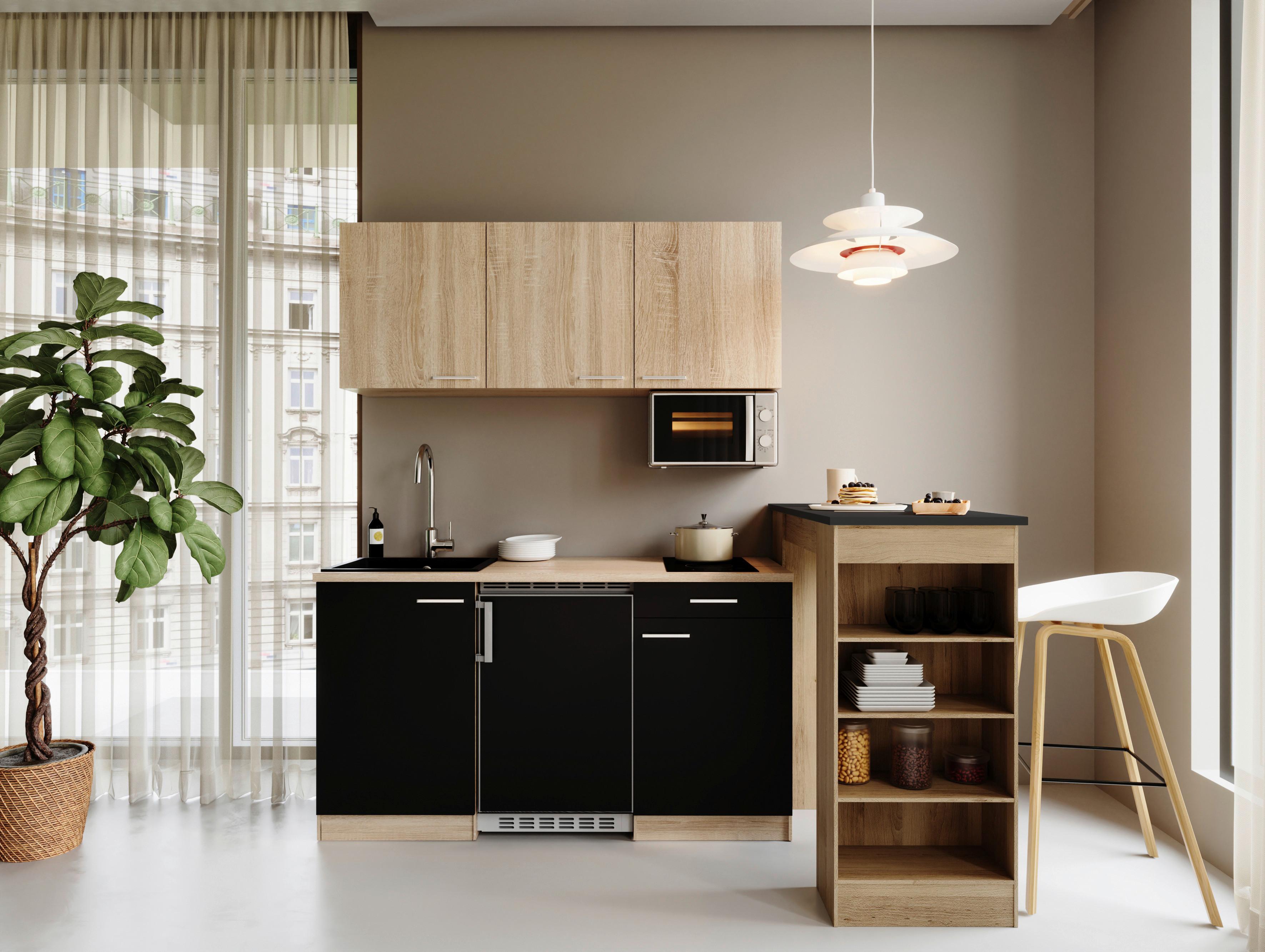 Miniküche Ingrid m. Geräten ca. 150cm Schwarz - Eichefarben/Schwarz, Design, Holzwerkstoff/Kunststoff (150cm) - Respekta