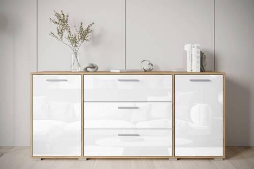 Sideboard Bogota ca. 150x68 cm Eiche/Weiß - Weiß Hochglanz/Eiche Wotan, Basics, Holzwerkstoff/Kunststoff (150/68/40cm) - MID.YOU
