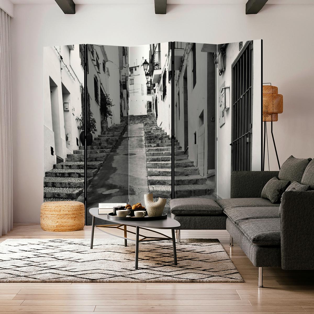 Paravan Old Town Altea I, 5-Delni, Dvostranski - siva/sivobela, Basics, tekstil/les (225/172/3cm) - artgeist