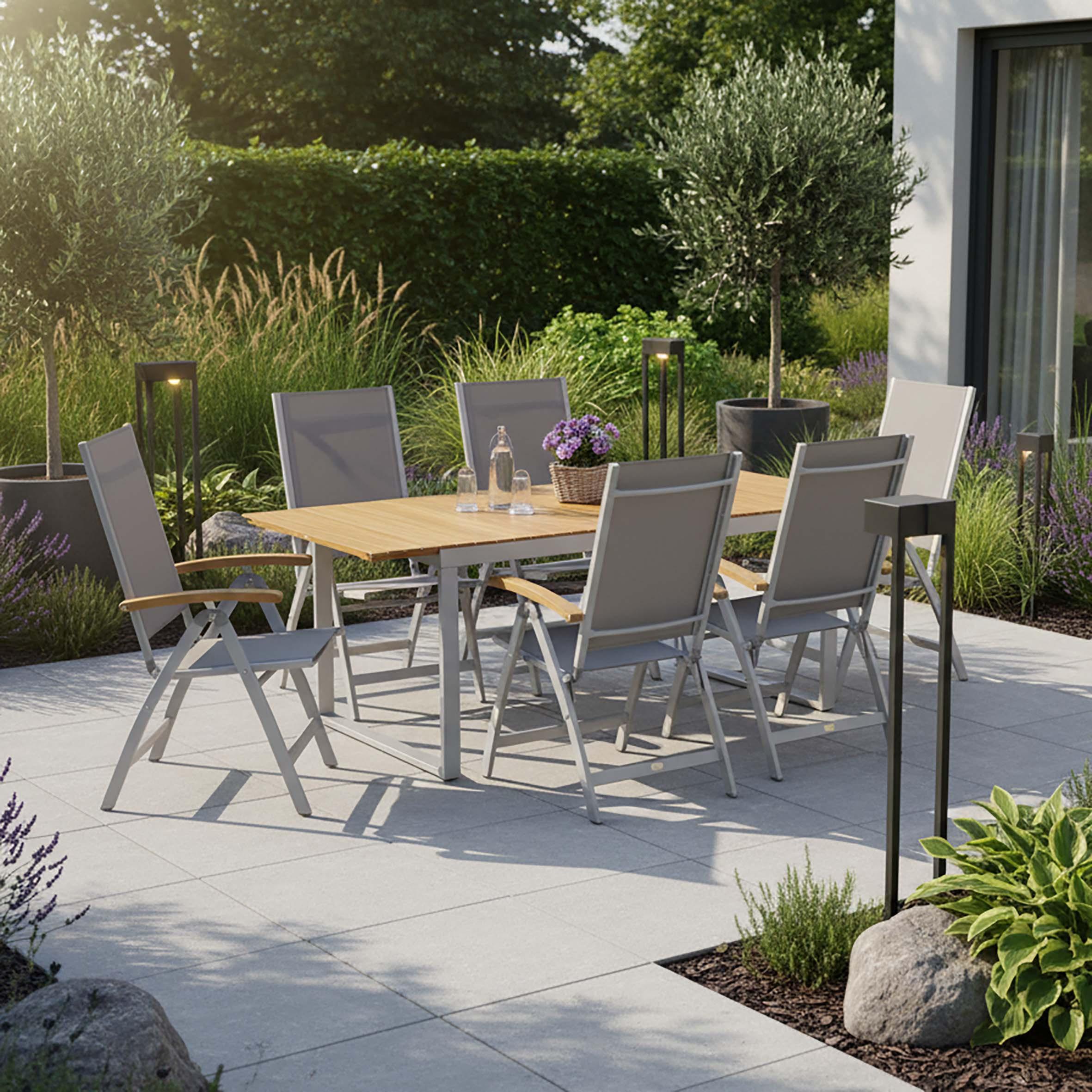 Gartentischgruppe "Naxos", 7-Teilig ausziehbar - Silberfarben/Grau, ROMANTIK / LANDHAUS, Holz/Textil (150/90/74cm) - Gardenson