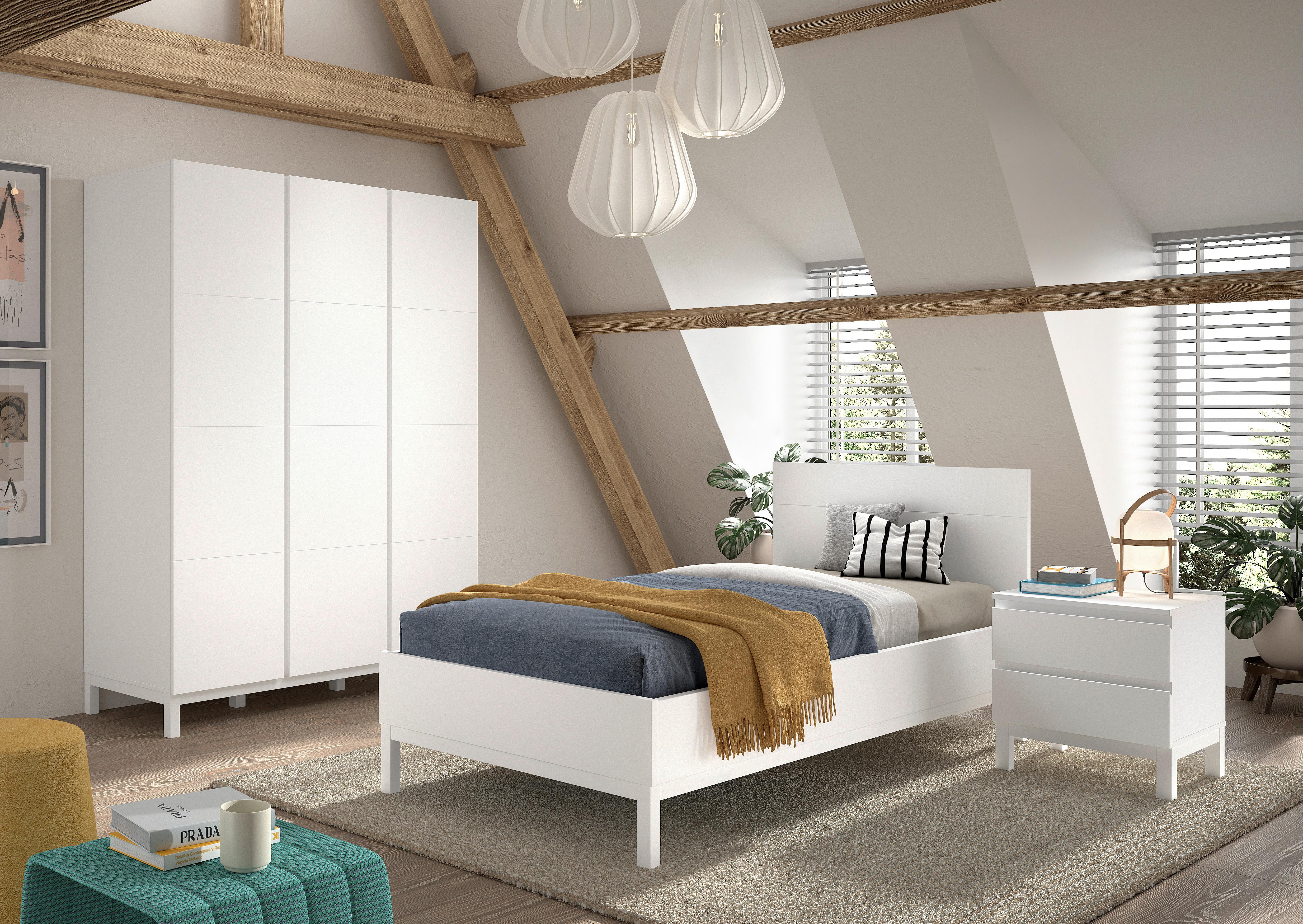 Einzelzimmer EVA Weiß, Bett Kleiderschrank, Nachttisch - Weiß, MODERN, Holz/Holzwerkstoff - Vipack