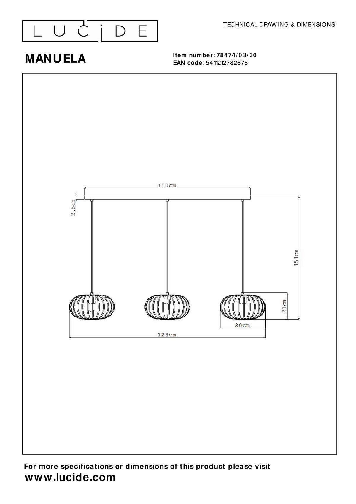 LAMPA WISZĄCA 78474/03/30 MANUELA - czarny, Basics (128/30/151cm) - Lucide