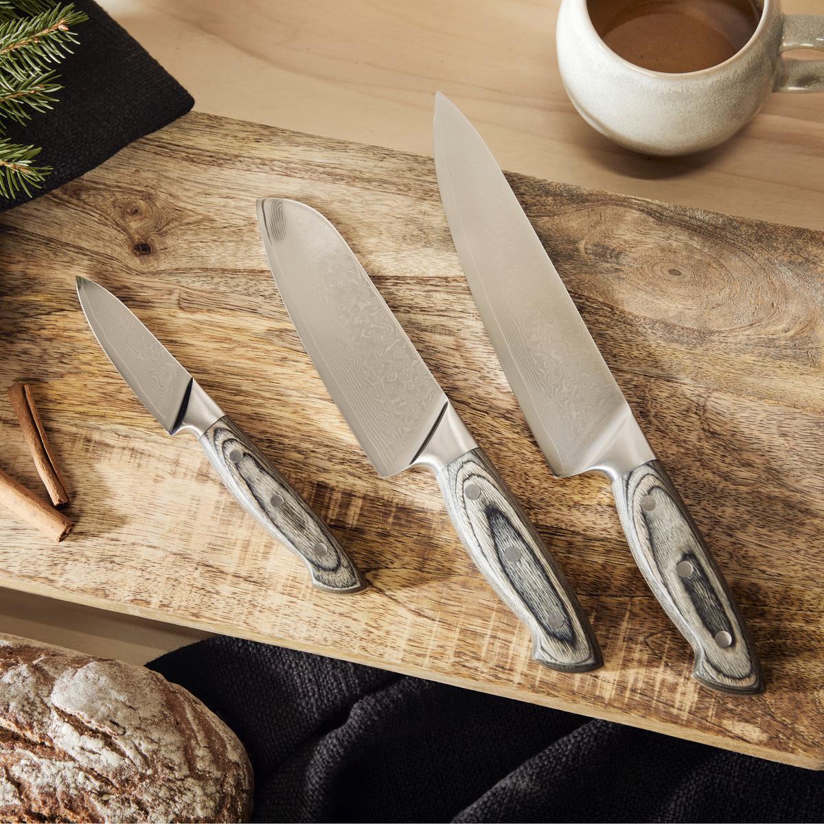 Messerset Damast, 3-teilig - Silberfarben/Grau, Holzwerkstoff/Metall (36,2/3,2/17,4cm) - Premium Living
