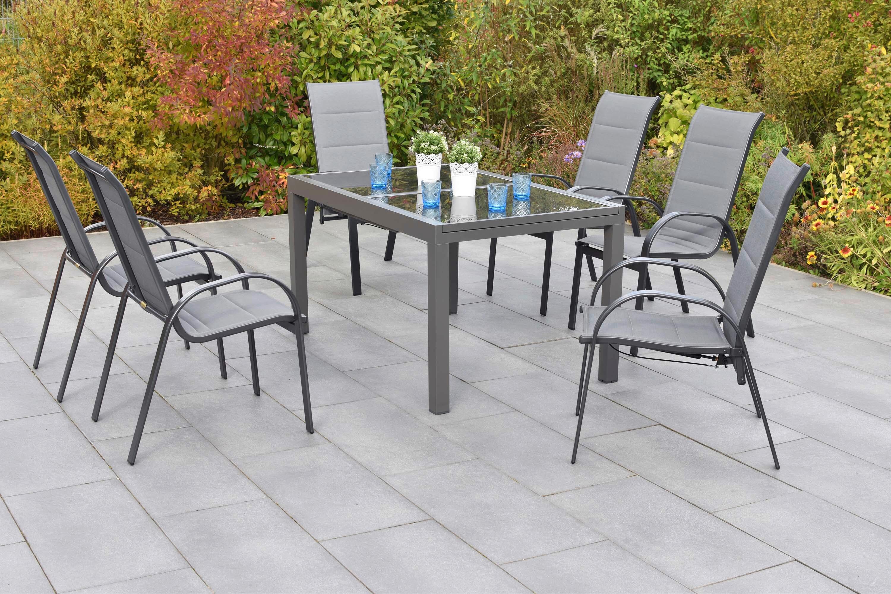Gartentischgruppe Amalfi 7-tlg. Graphitfarben - Graphitfarben/Grau, KONVENTIONELL, Glas/Textil - Gardenson