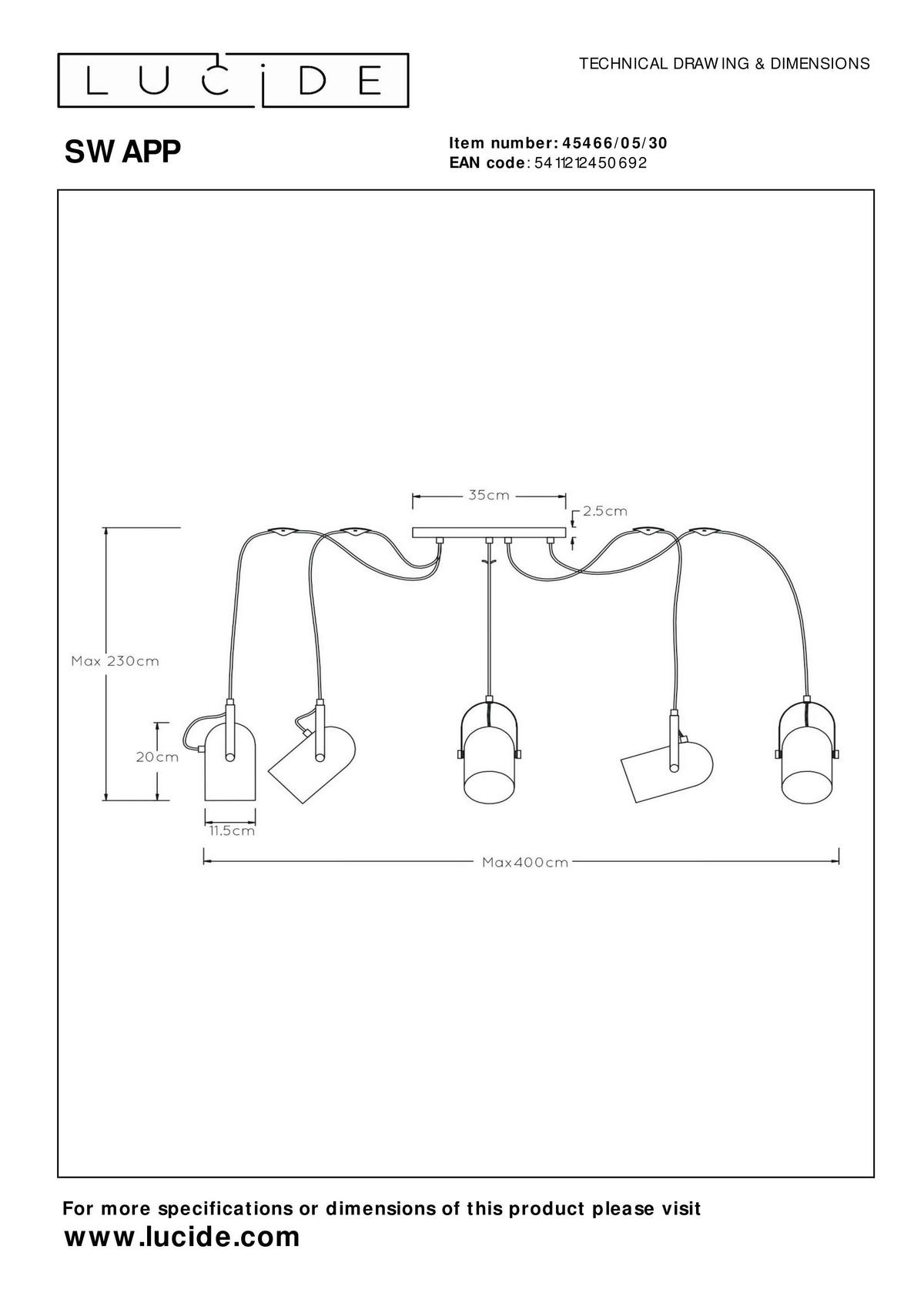 LAMPA WISZĄCA 45466/05/30 SWAPP - czarny, Design, metal (350/12/200cm) - Lucide