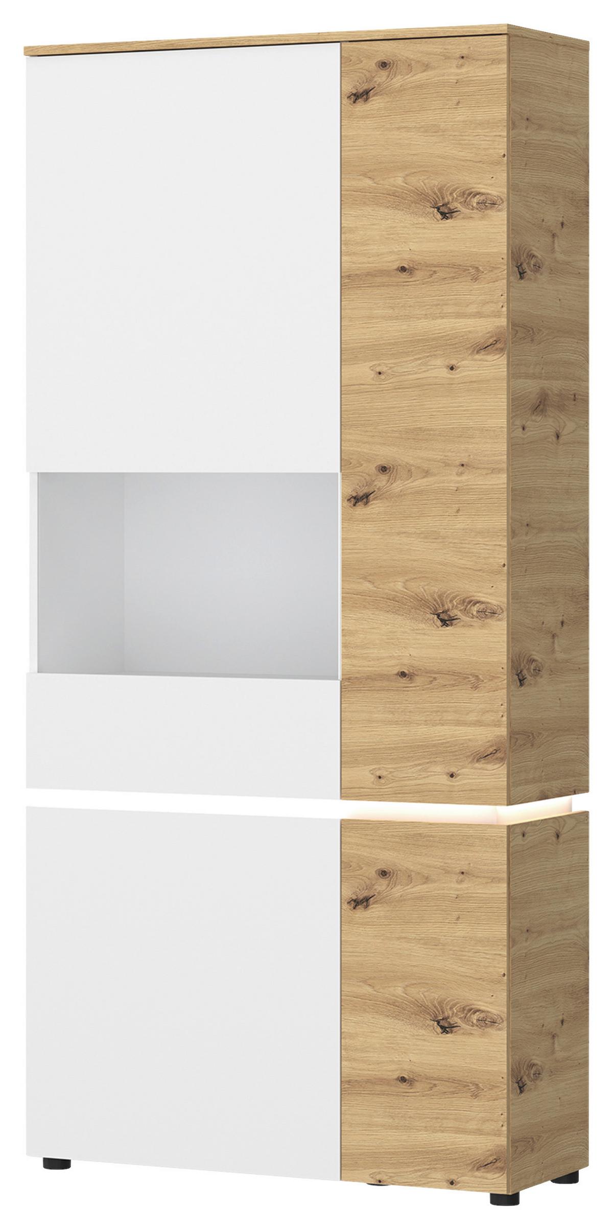 Vitrină LUCI - alb/culoare lemn stejar, Trend, sticlă/material pe bază de lemn (90,4/199/40cm) - Modern Living