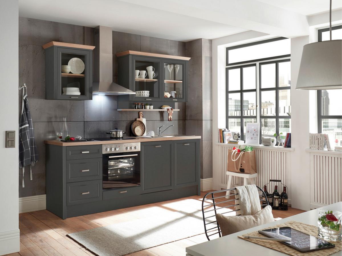 Küchenblock Jasmin mit Geräten ca. 235 cm Anthrazit/Eiche - Anthrazit/Eiche Artisan, LIFESTYLE, Glas/Holzwerkstoff (235cm) - P & B