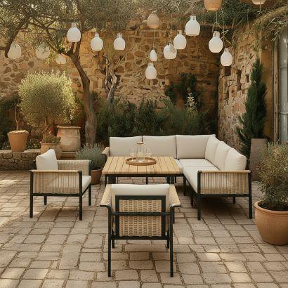 Dining-Loungeset Cassandra Hellbraun Holz/Aluminium - Hellbraun/Teakfarben, MODERN, Holz/Textil - Bessagi Garden