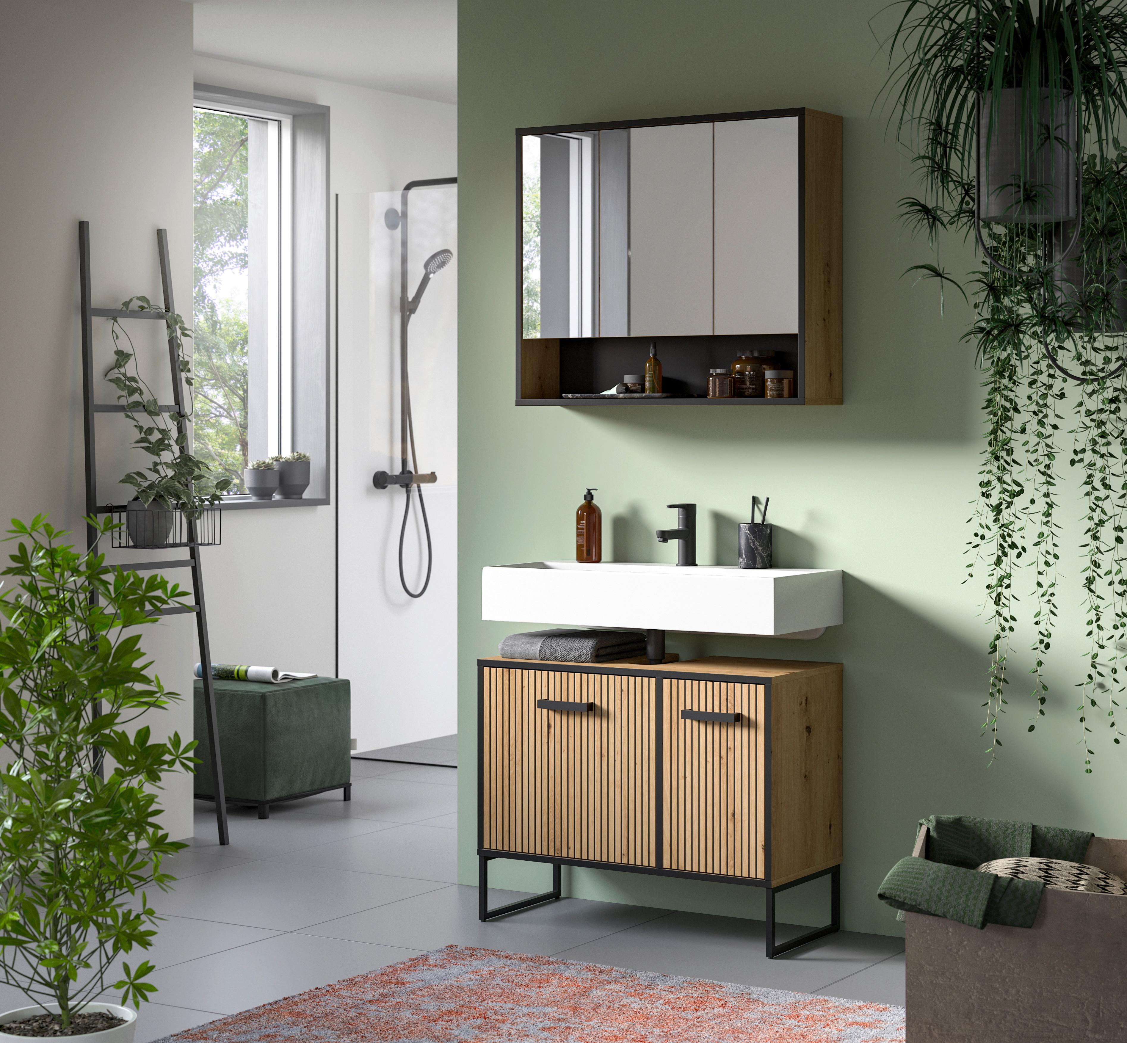 Badezimmer Bagno 2-tlg. Eiche Artisan/Schwarz - Schwarz/Eiche Artisan, Trend, Holzwerkstoff/Kunststoff (80cm) - MID.YOU