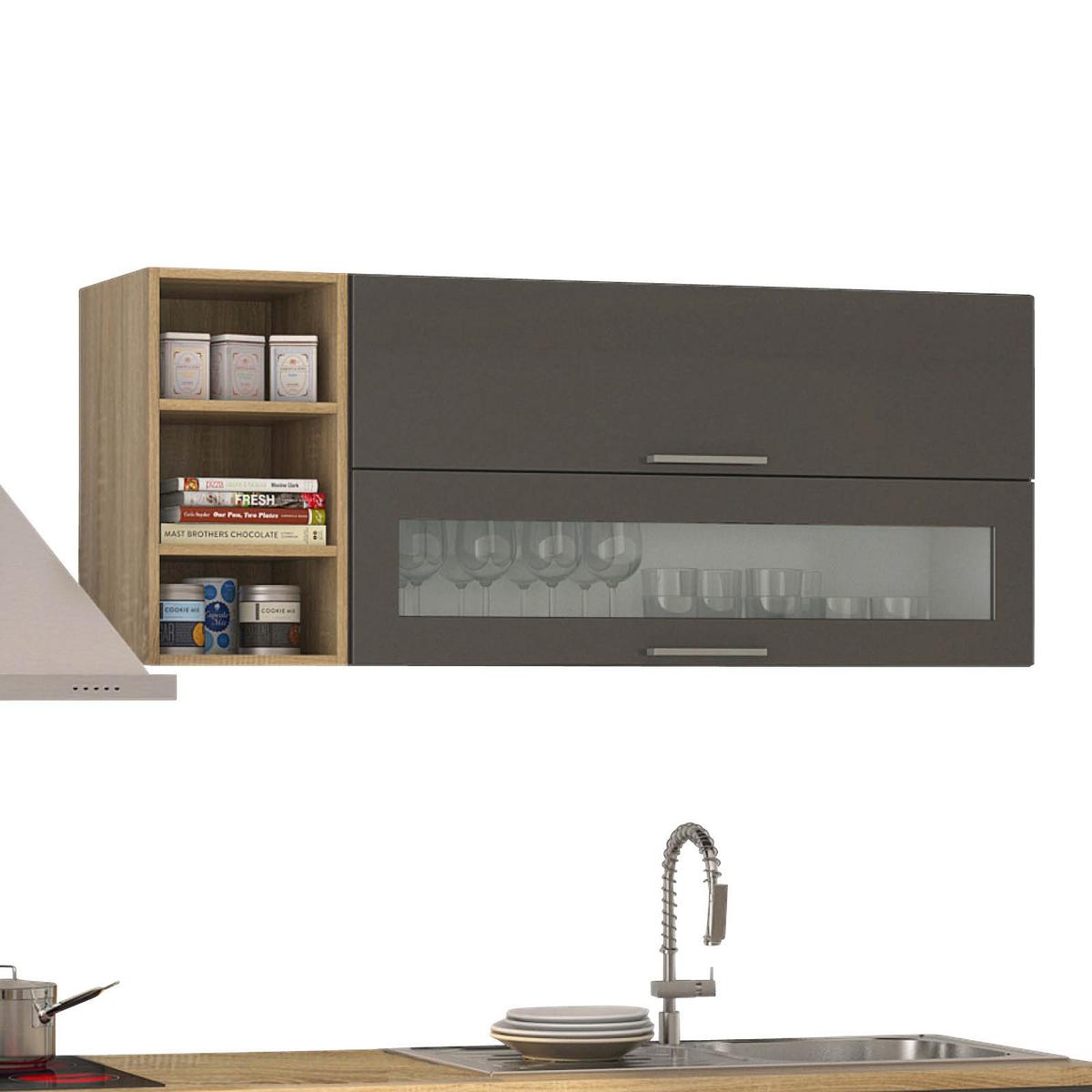 Küchenblock in Anthrazit inkl. E-Geräte 'Mailand' - Chromfarben/Eichefarben, MODERN, Holzwerkstoff/Metall (310cm) - Held