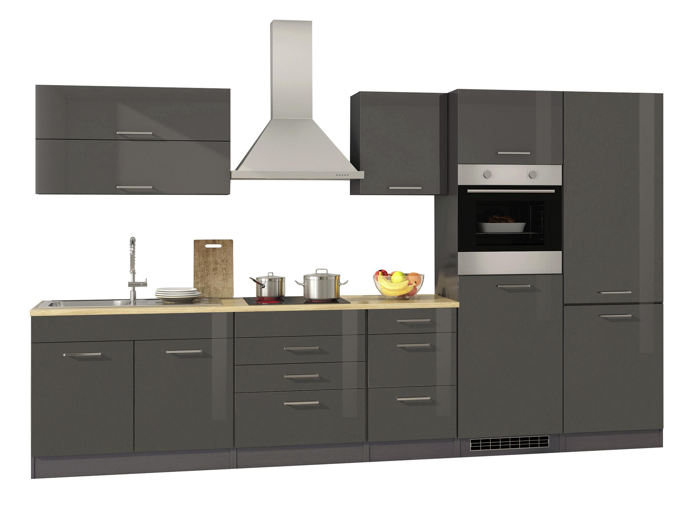 Küchenblock in Anthrazit inkl. E-Geräte 'Mailand' - Chromfarben/Eichefarben, MODERN, Holzwerkstoff/Metall (350cm) - Held